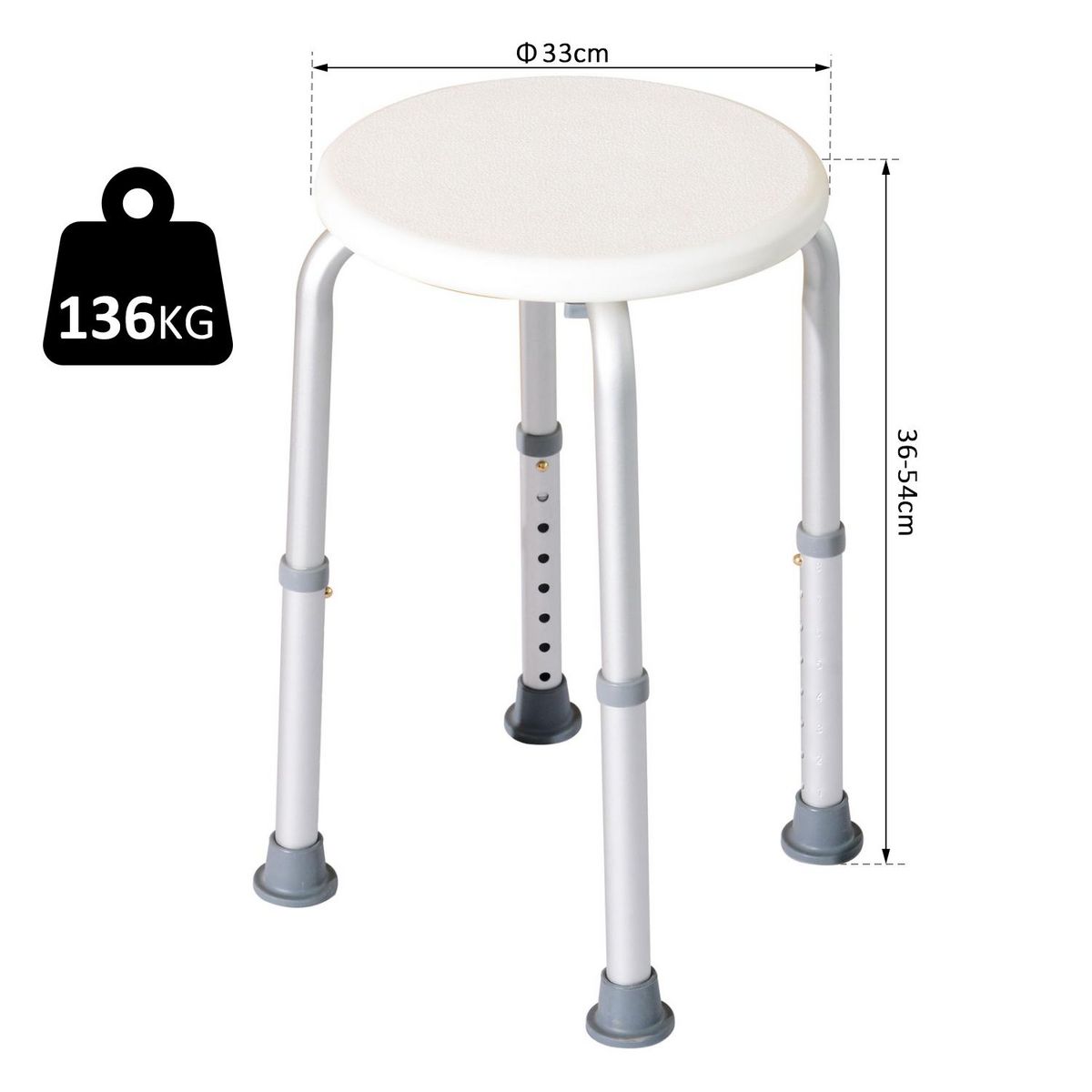 HOMCOM Tabouret de douche réglable en hauteur siège de douche ergonomique pieds antidérapants charge max. 136 Kg alu HDPE blanc