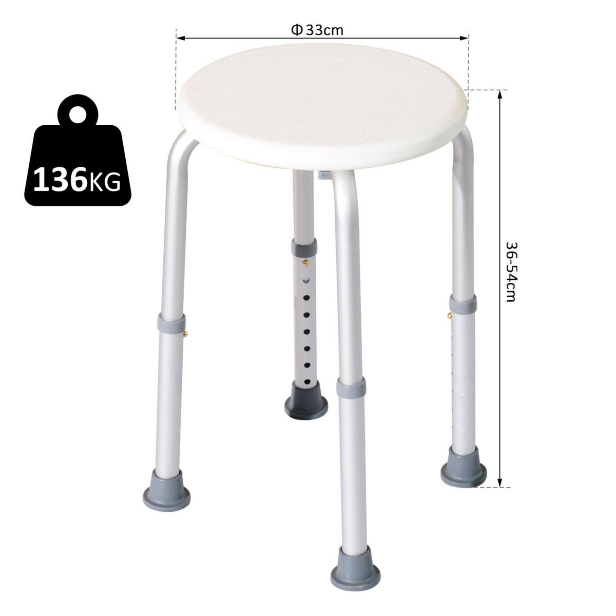 HOMCOM Tabouret de douche réglable en hauteur siège de douche ergonomique pieds antidérapants charge max. 136 Kg alu HDPE blanc