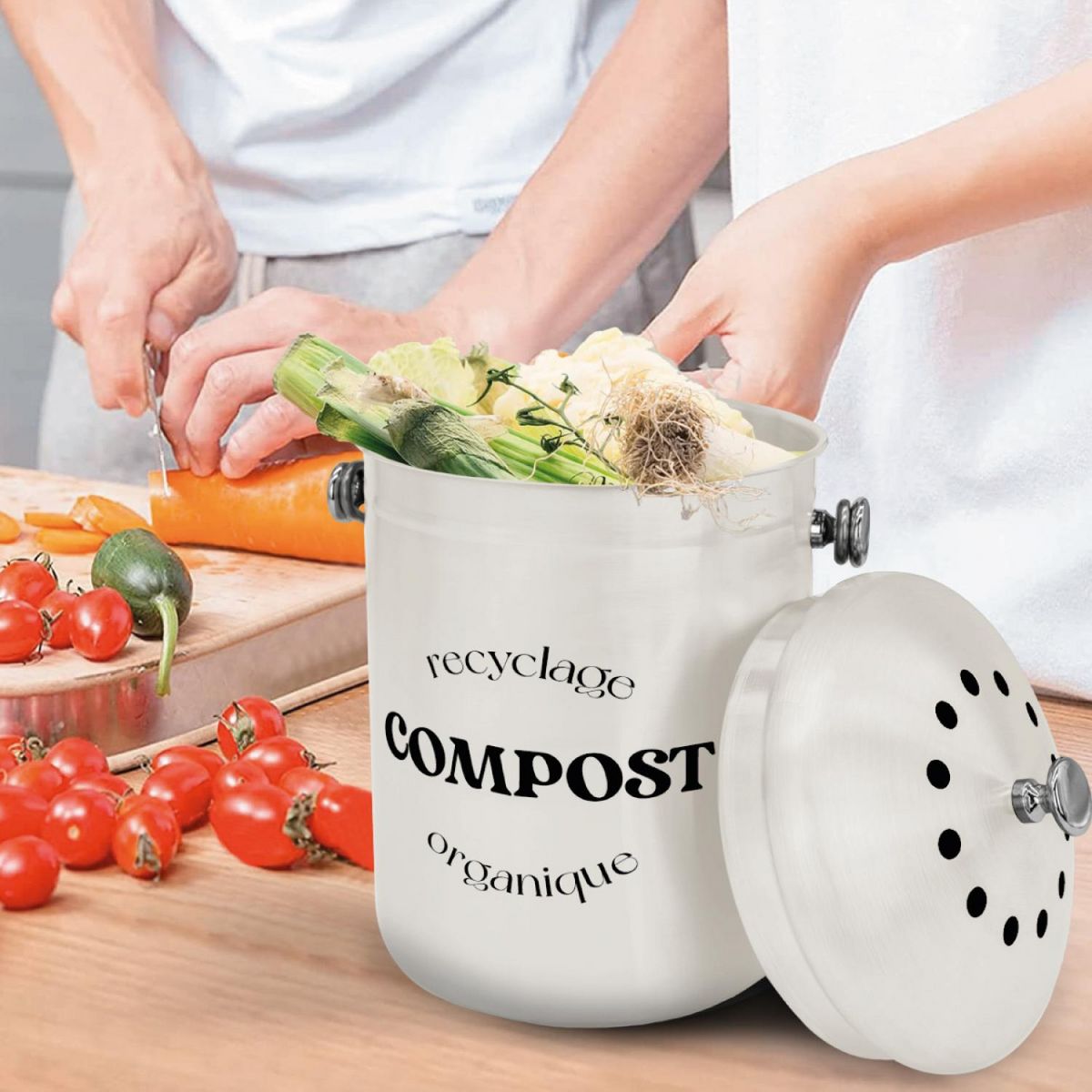 LINXOR Composteur, bac, poubelle à compost de cuisine 5L rond en Inox - Beige