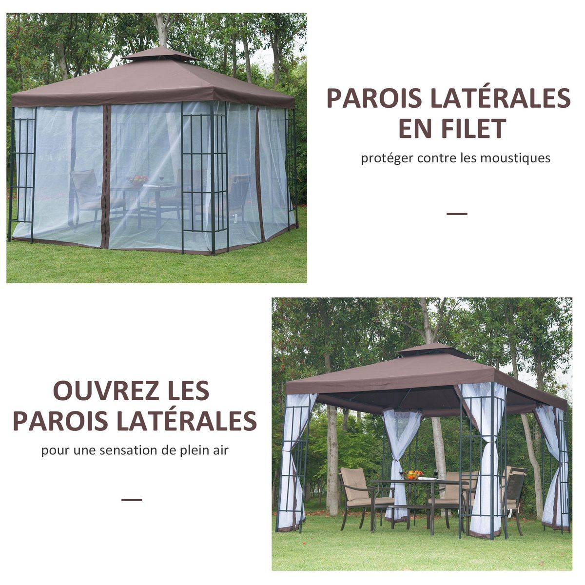 OUTSUNNY Tonnelle barnum style colonial double toit toile moustiquaires amovibles 3 x 3 x 2,65 m chocolat et blanc