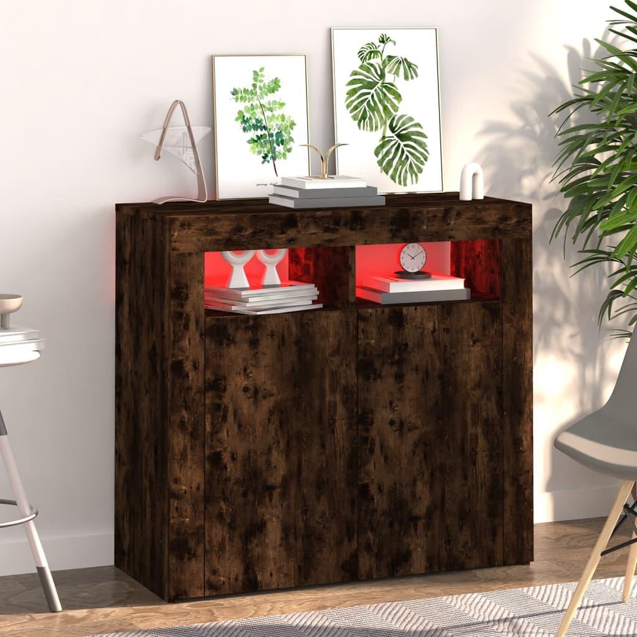Voir la diapositive 3 : VIDAXL Buffet avec lumieres LED chene fume 80x35x75 cm