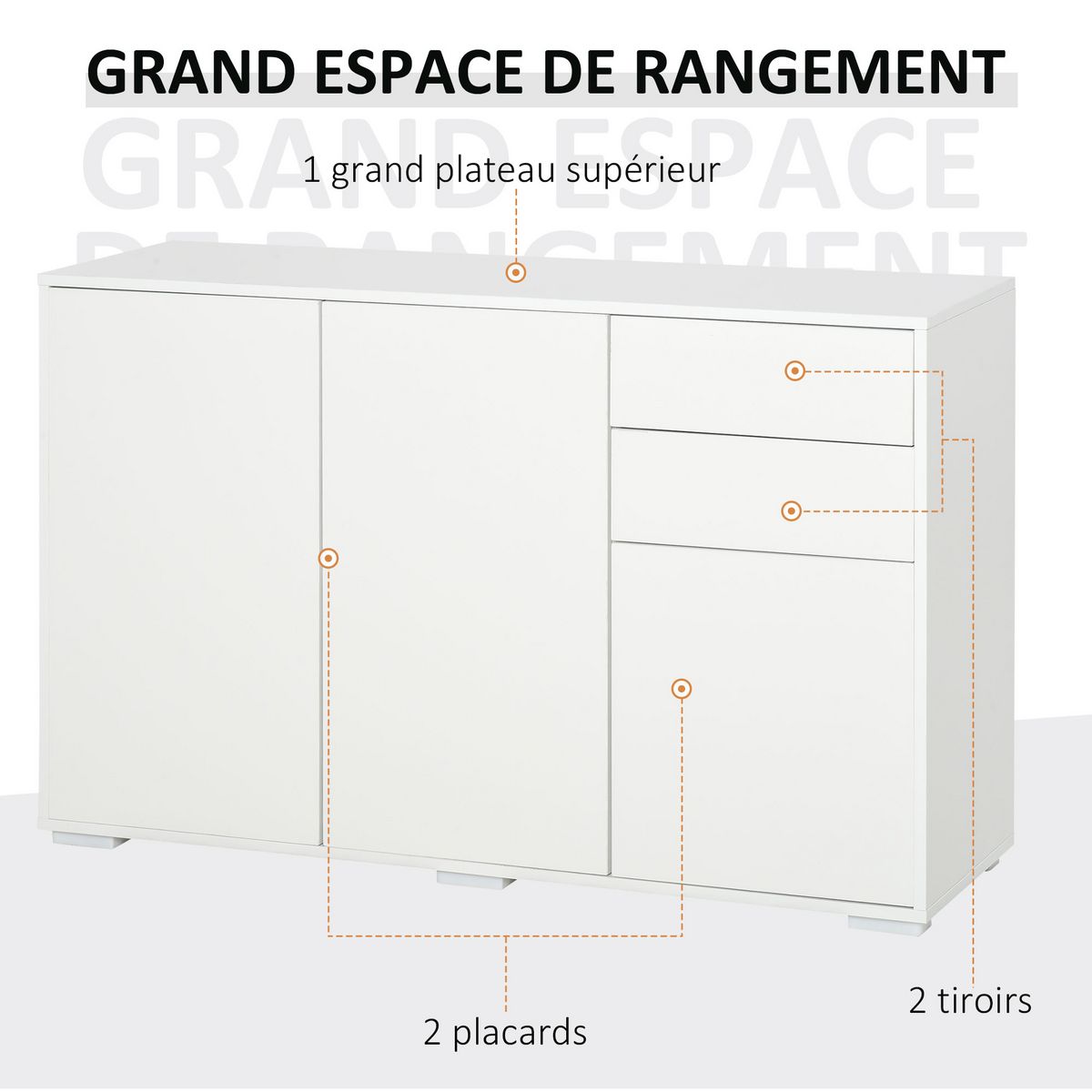 HOMCOM Commode buffet de rangement 2 tiroirs coulissants 3 portes étagère réglable panneaux de particules 117 x 36 x 74 cm blanc