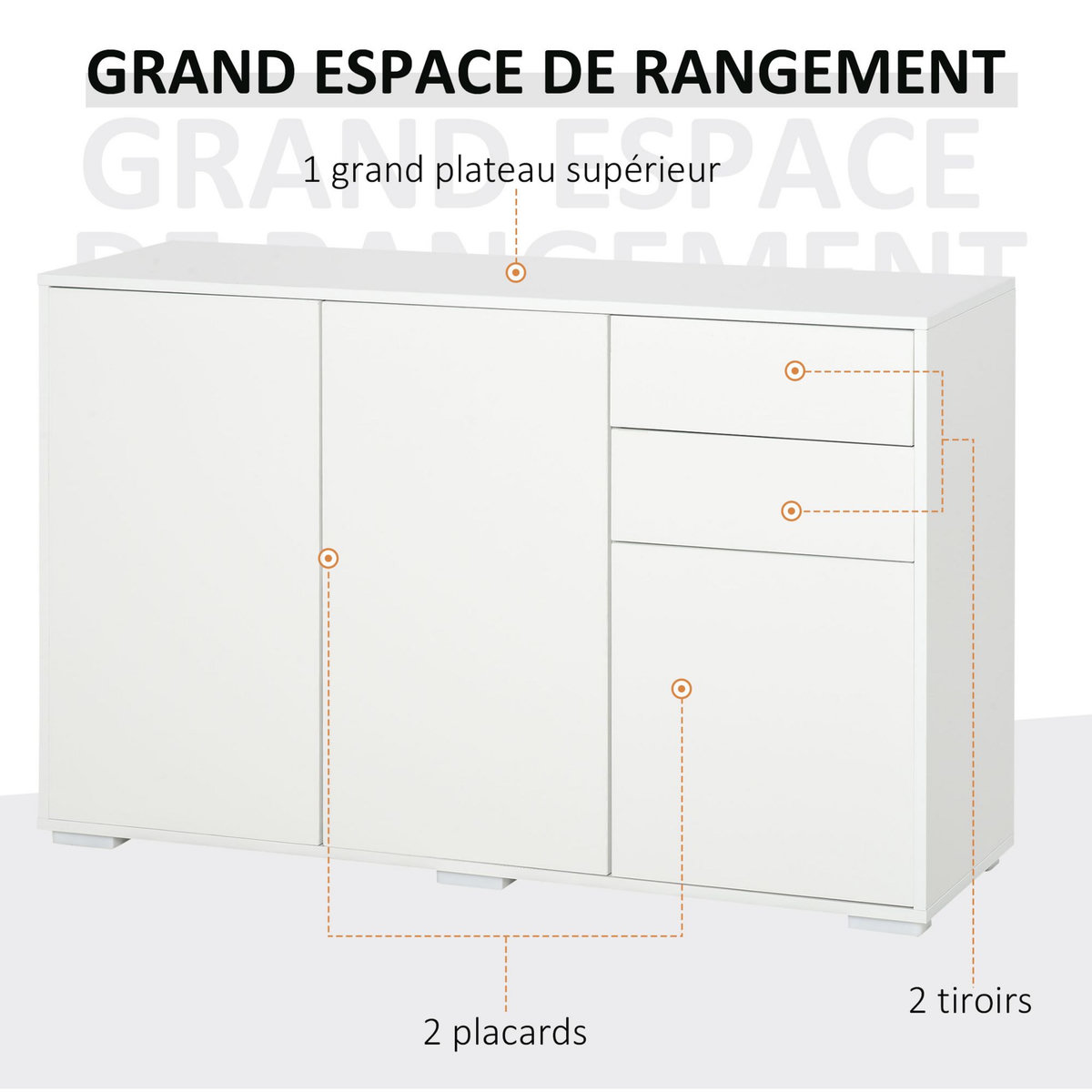 HOMCOM Commode buffet de rangement 2 tiroirs coulissants 3 portes étagère réglable panneaux de particules 117 x 36 x 74 cm blanc