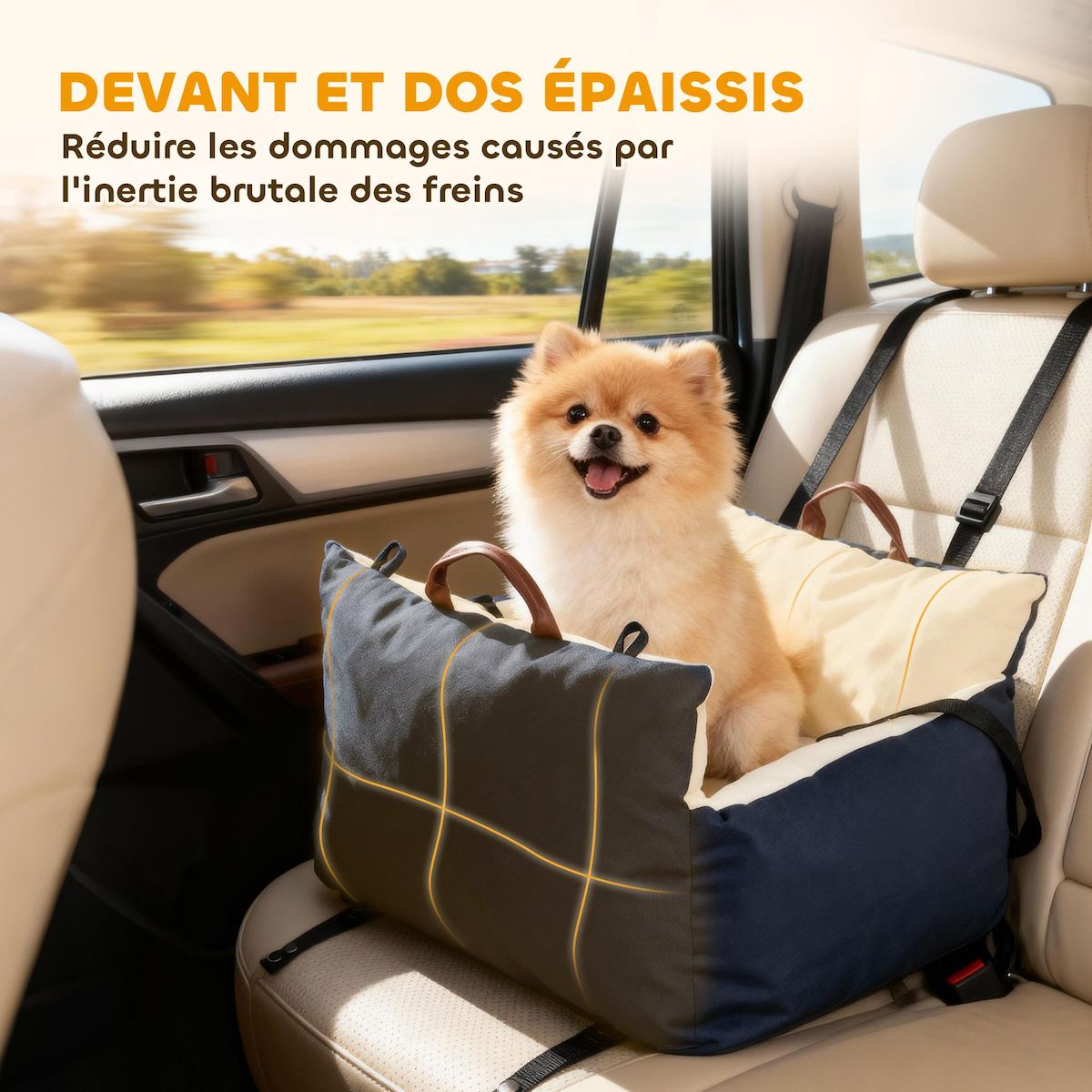 PAWHUT Siège auto sac de transport chien 2 en 1 - réglable - coussin déhoussable - coton bleu écru