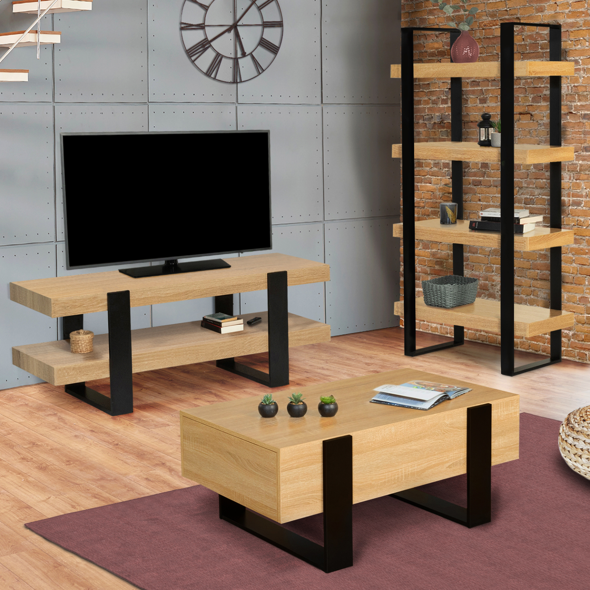 Voir la diapositive 4 : ID MARKET Meuble tv 114 cm double plateau phoenix bois et noir