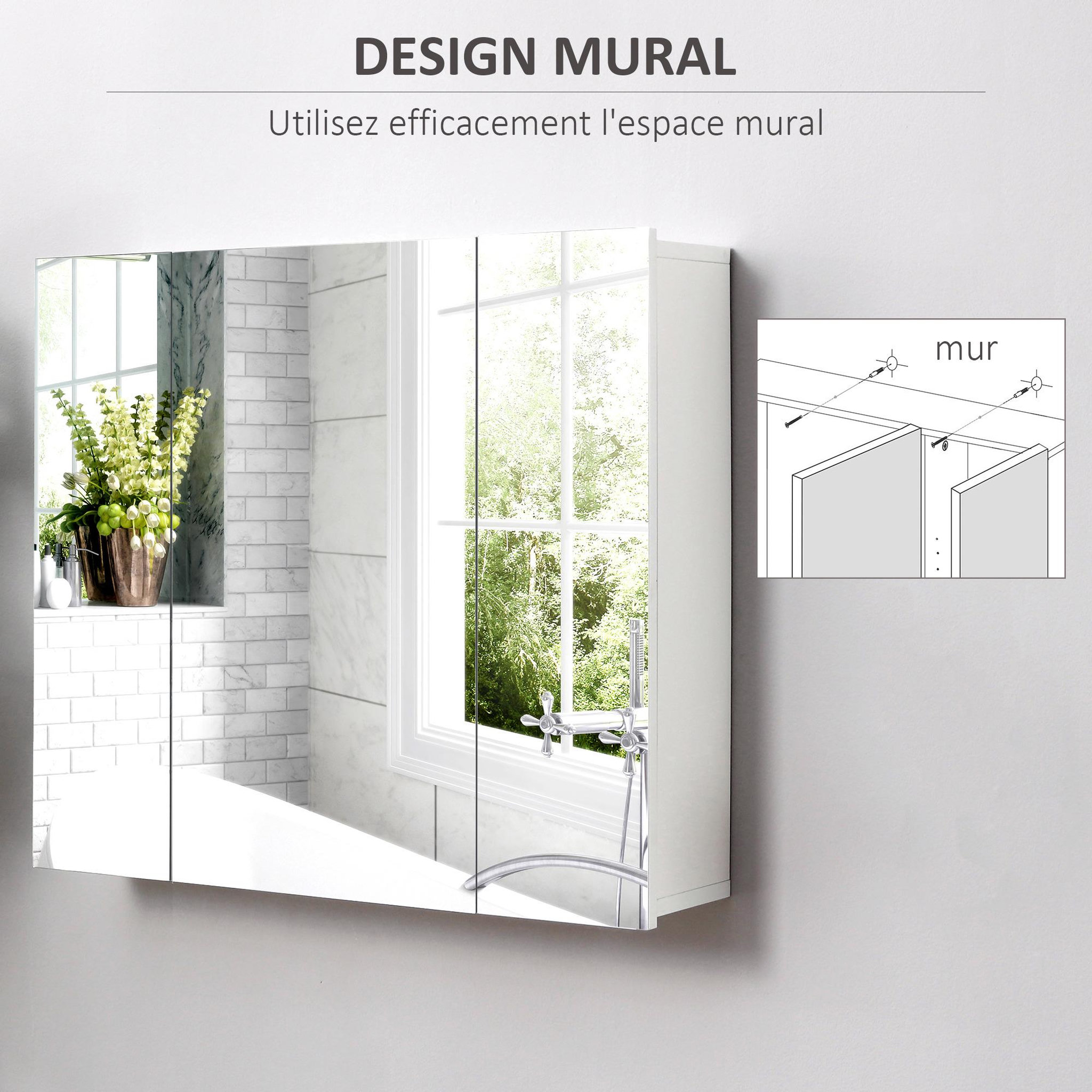 Voir la diapositive 4 : KLEANKIN Armoire miroir de salle de bain armoire murale 3 portes 2 étagères dim. 70l x 15l x 60h cm mdf blanc