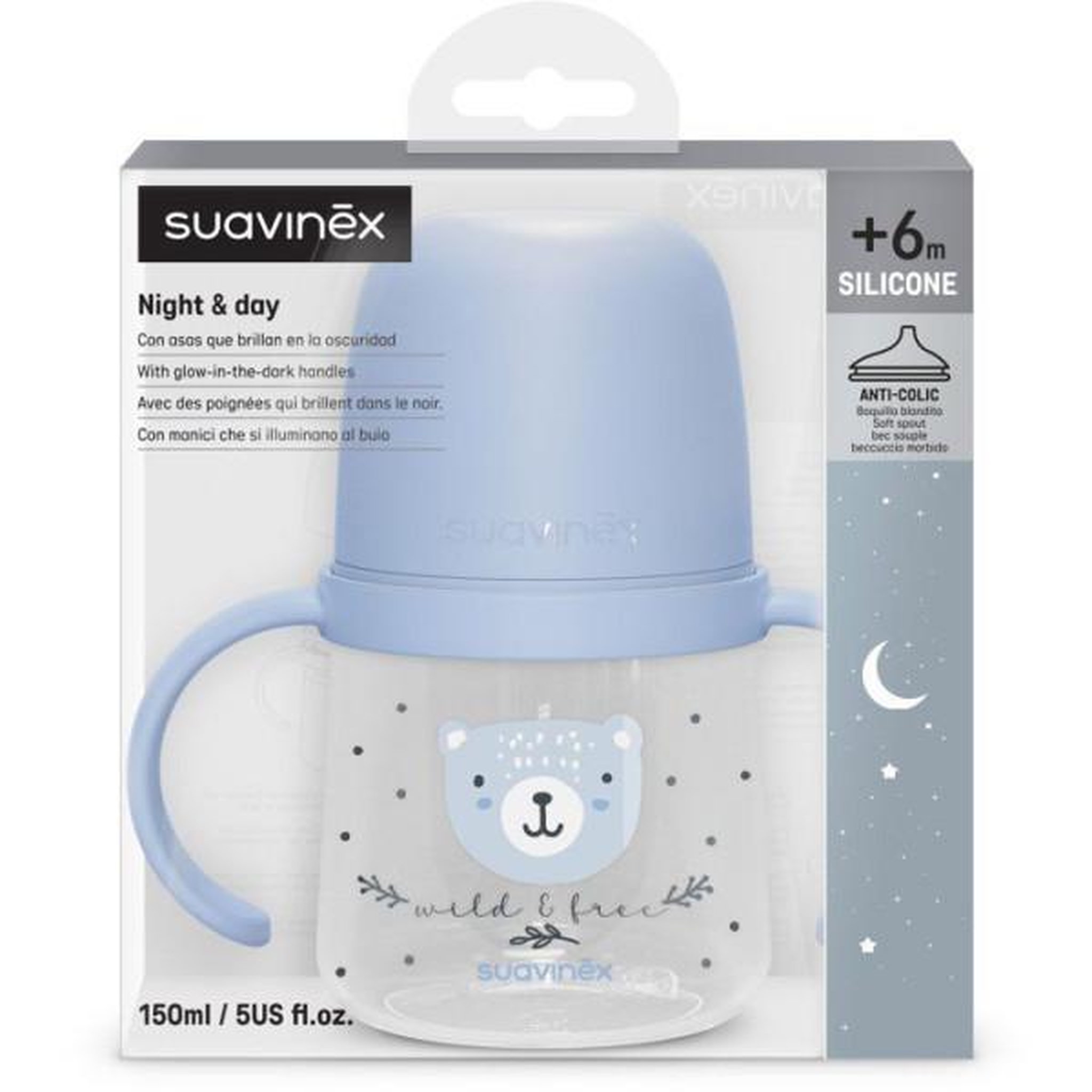 Voir la diapositive 5 : Suavinex Biberon avec anses - SUAVINEX - NIGHT&DAY WILD&FREE - 150 ml - 6 mois et plus - Bleu