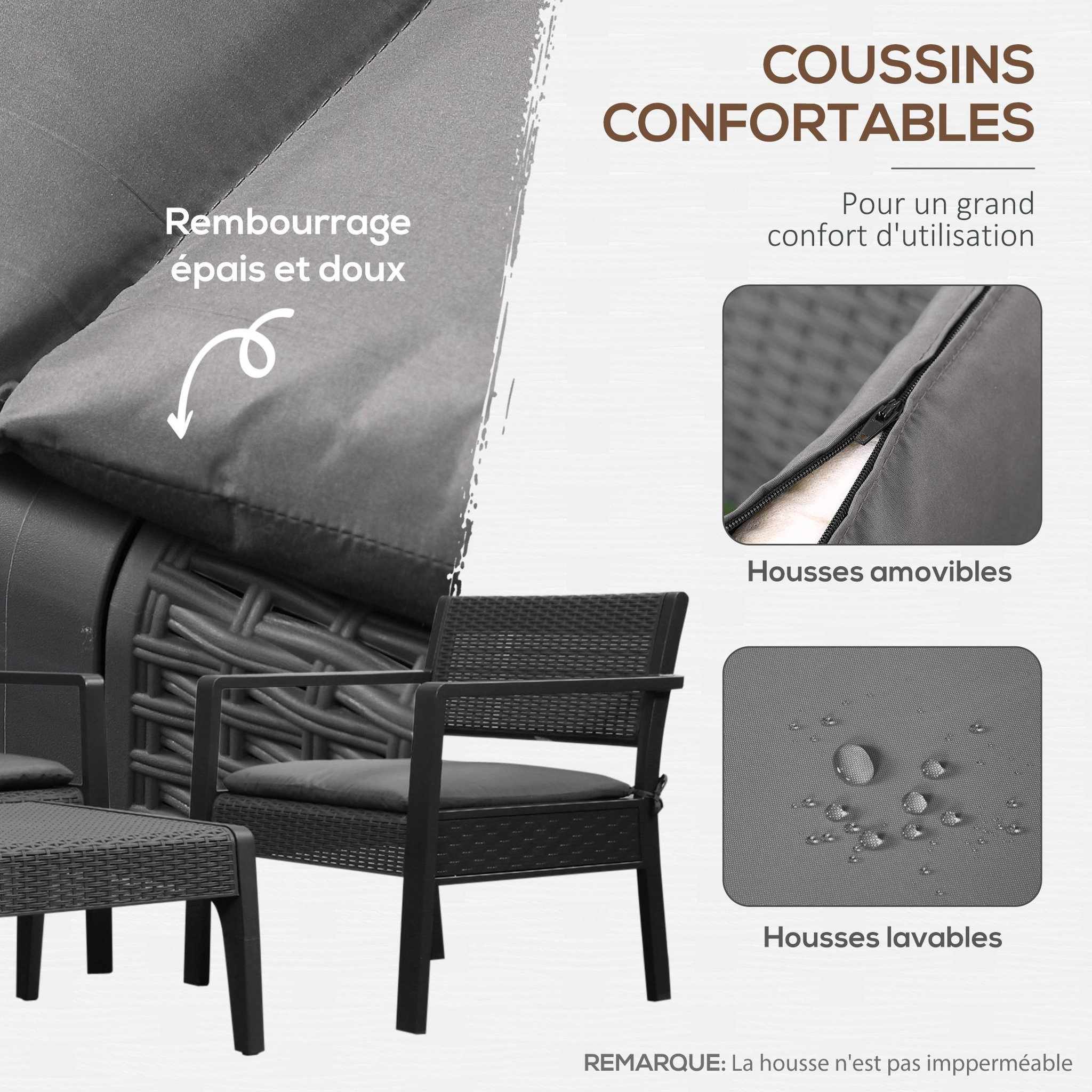 Voir la diapositive 4 : OUTSUNNY Ensemble salon de jardin 4 places 4 pièces design style yachting coussins déhoussables inclus table basse métal époxy résine tressée anthracite