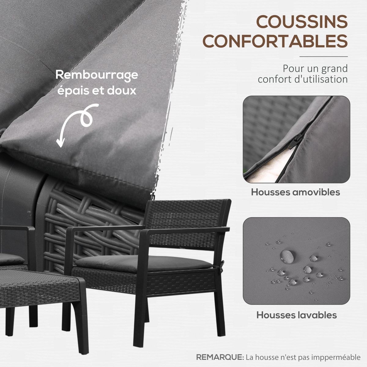OUTSUNNY Ensemble salon de jardin 4 places 4 pièces design style yachting coussins déhoussables inclus table basse métal époxy résine tressée anthracite