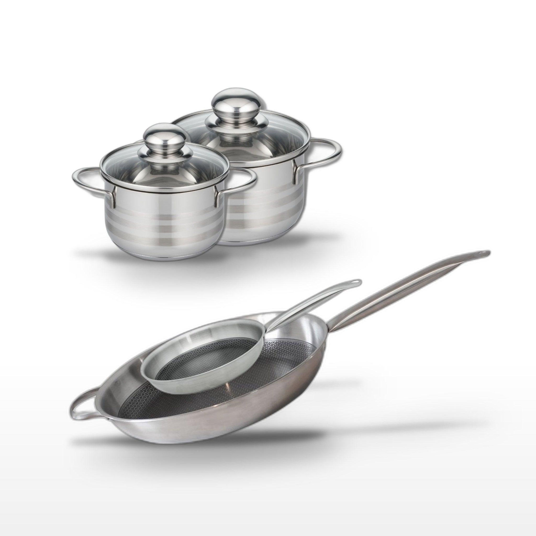 ELO Batterie de cuisine avec 2 faitouts 16/14 cm et 2 poêles 24/32 cm en inox elo collection relief solution brillant