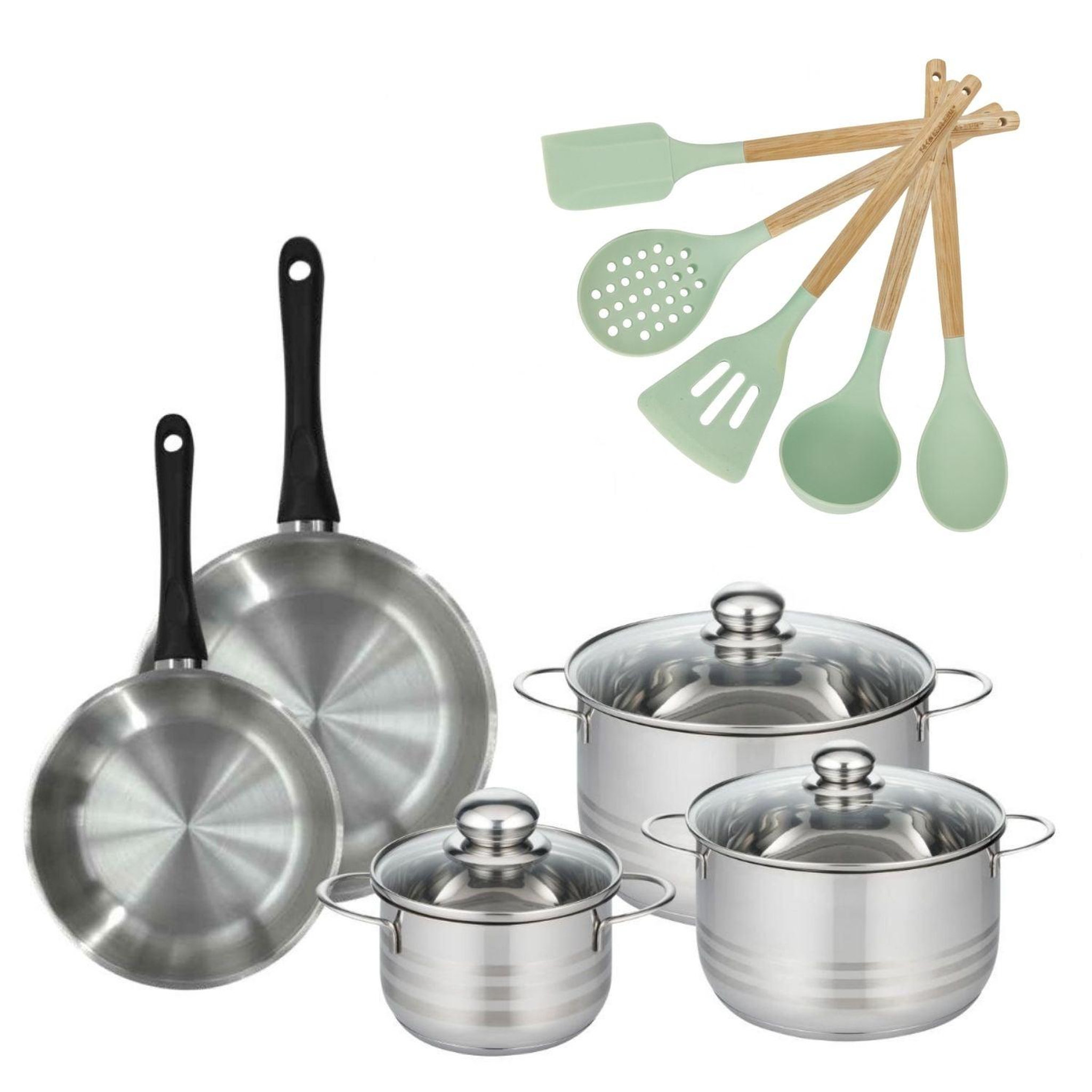 Fackelmann Batterie de cuisine avec 3 faitouts 16/20/24 cm et 2 poêles 20/24 cm avec 5 ustensiles de cuisine fackelmann généva brillant ocean