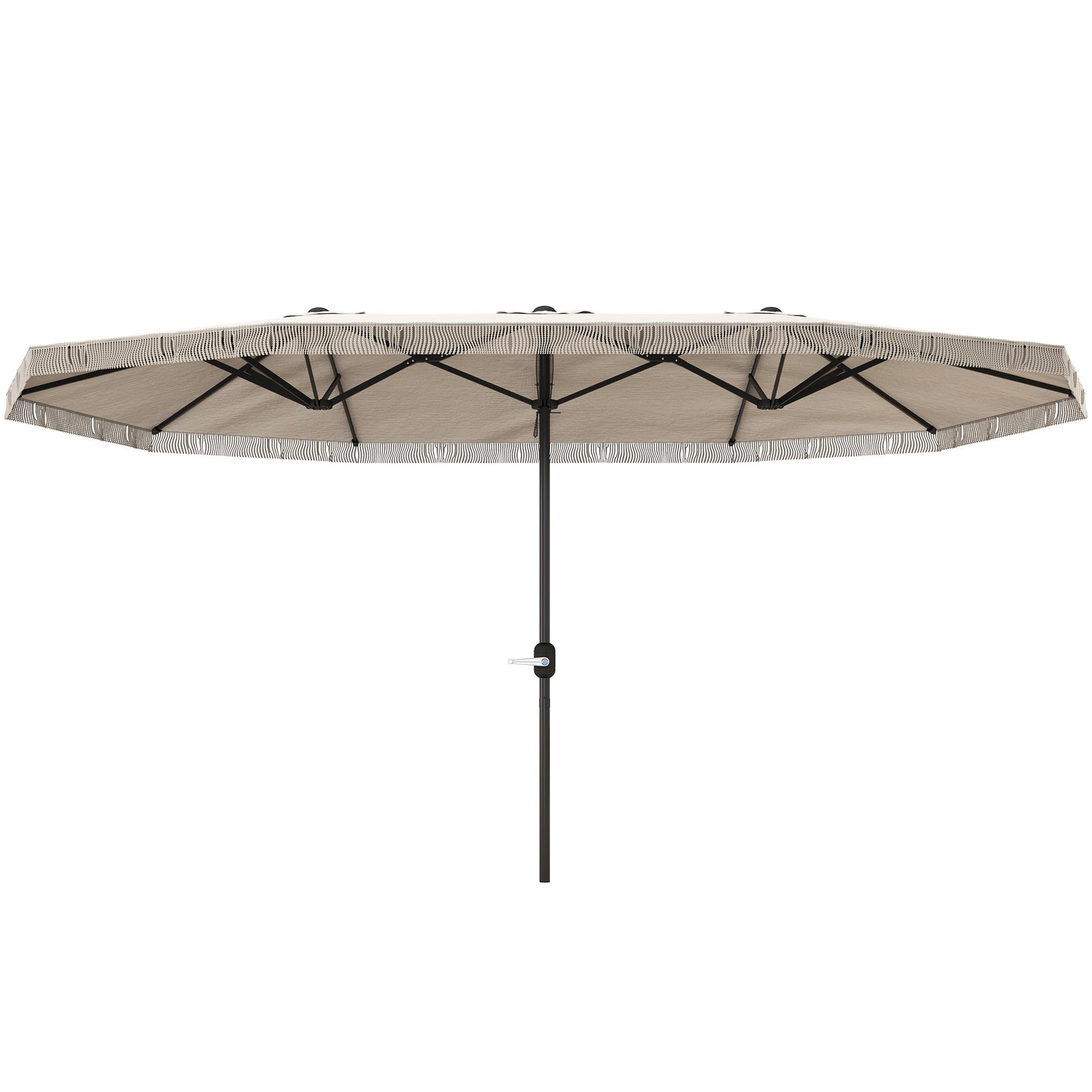 Voir la diapositive 1 : OUTSUNNY Parasol style bohème à franges XXL dim. 4,5 x 2,65 x 2,6 m ouverture fermeture manivelle métal tissu beige clair