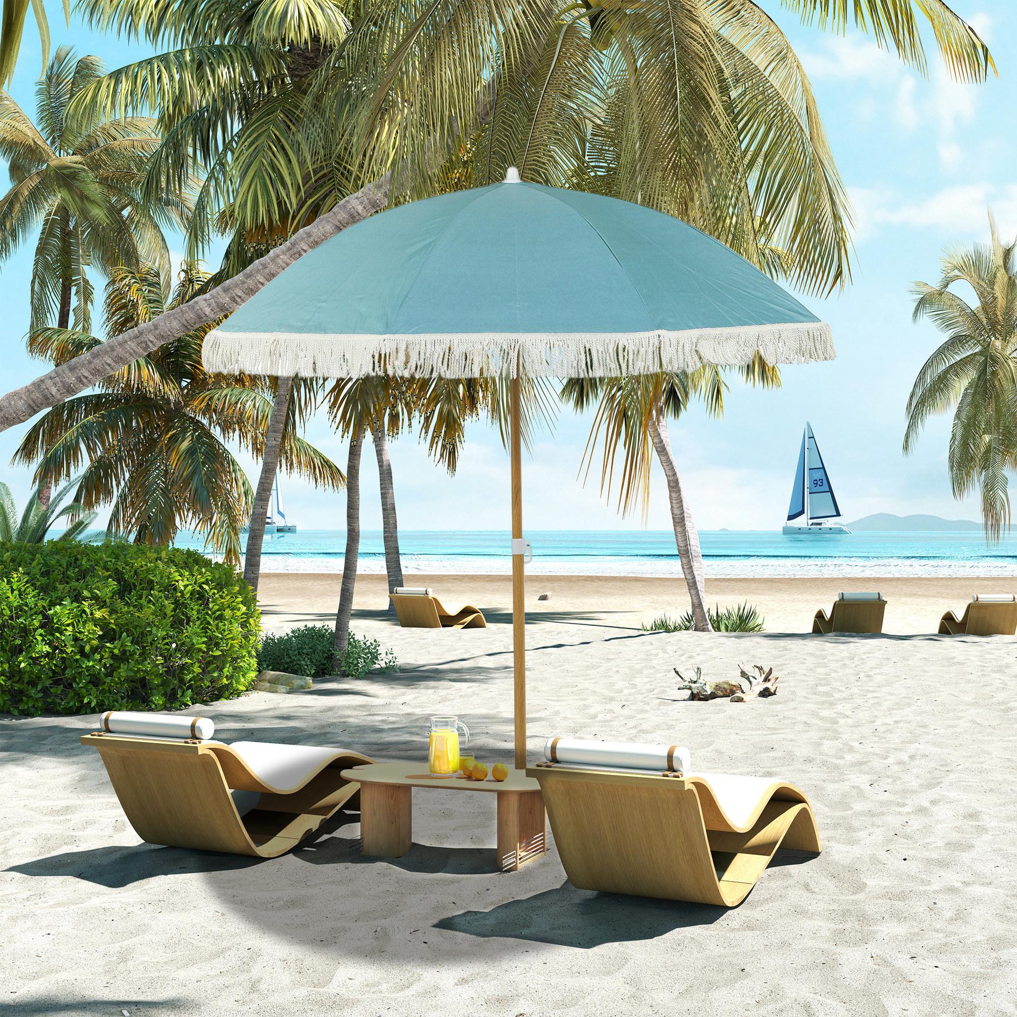 Voir la diapositive 2 : OUTSUNNY Parasol de plage design à franges dia. 1,7 m H. réglable mât effet bois tissu UPF50+ sac transport bleu