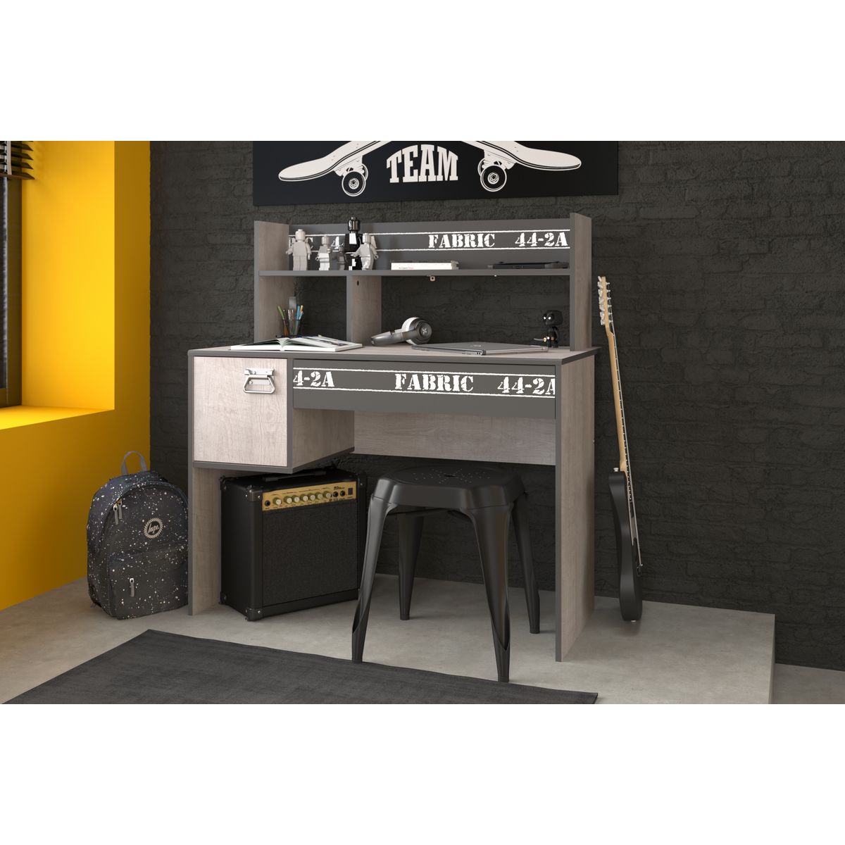 Bureau enfant 1 porte 1 tiroir 1 étagère style industriel L108cm LOFTY