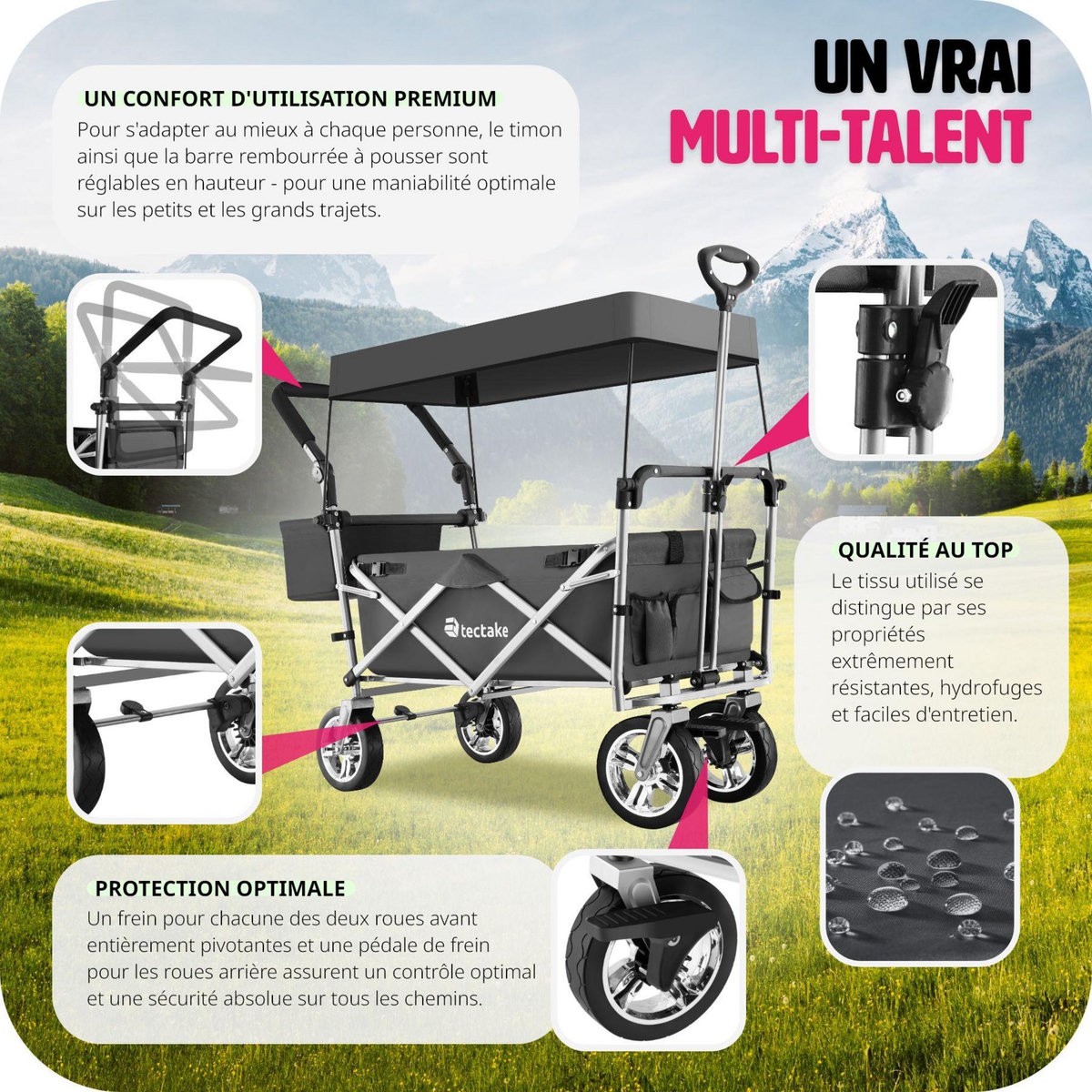 tectake Chariot de jardin et de transport pliable avec toit gris