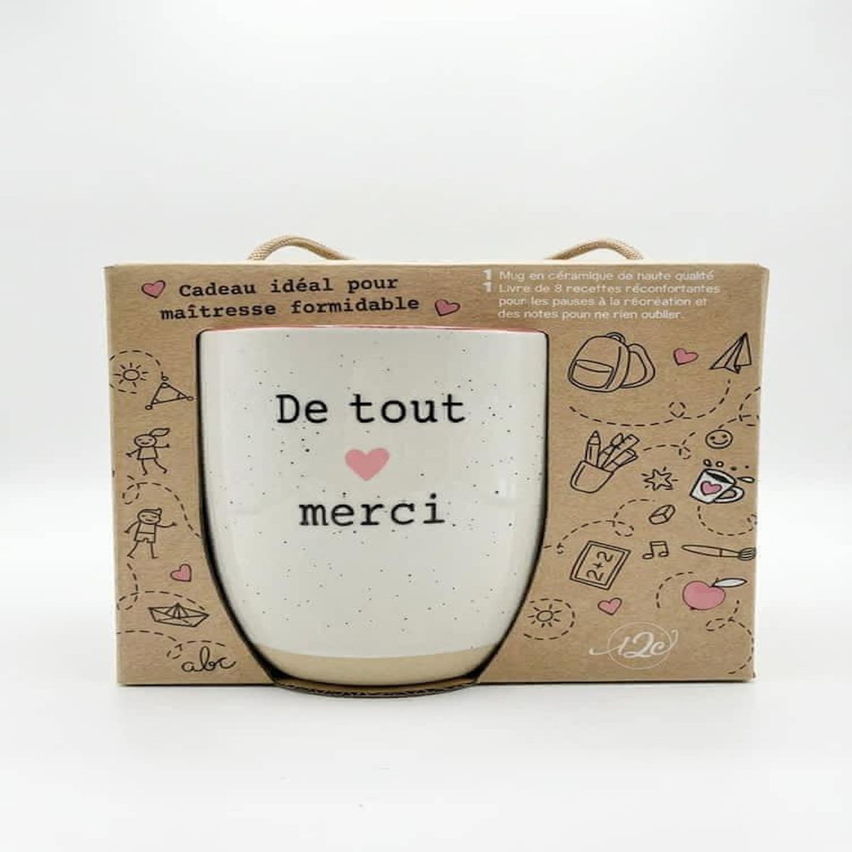 DE TOUT COEUR MERCI - CADEAU IDEAL POUR MAITRESSE FORMIDABLE. COFFRET AVEC 1 MUG EN CERAMIQUE ET 1 LIVRE DE 6 RECETTES, I2C