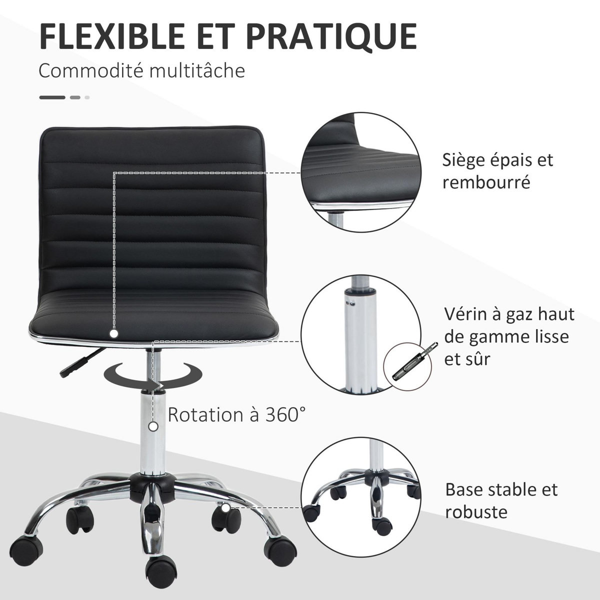 HOMCOM Chaise de bureau design style Chesterfield acier chromé revêtement synthétique noir