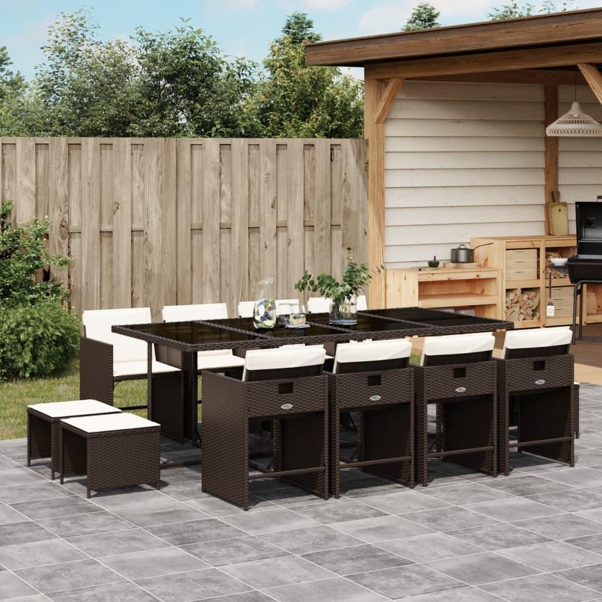 VIDAXL Ensemble a manger de jardin avec coussins 13 pcs marron rotin