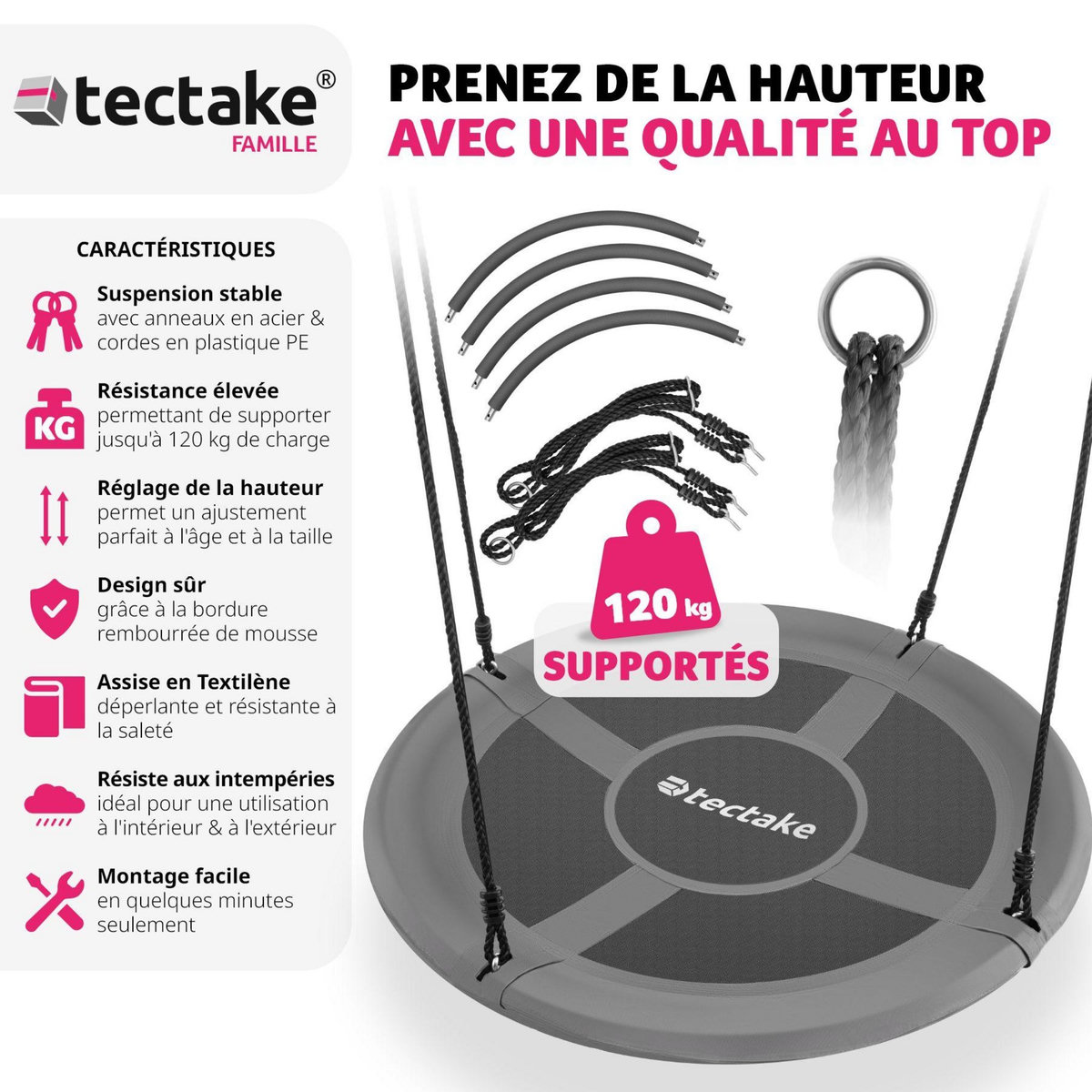 tectake Balançoire nid d'oiseau supporte jusqu'à 120 kg gris/noir Ø 120 cm