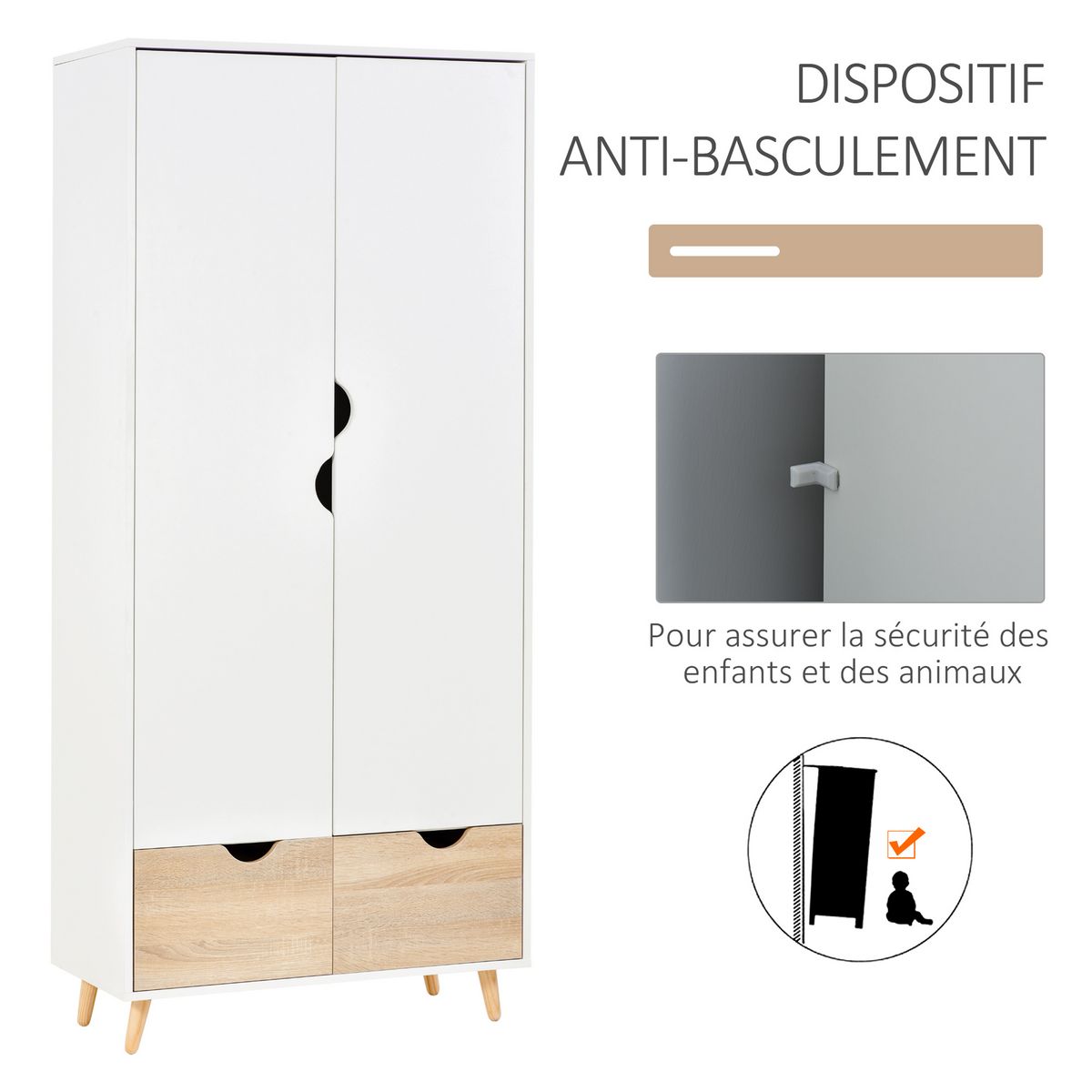 HOMCOM Armoire de rangement design scandinave - armoire de chambre - placard 2 portes avec penderie et étagère - 2 tiroirs coulissants - panneaux particules blanc chêne clair
