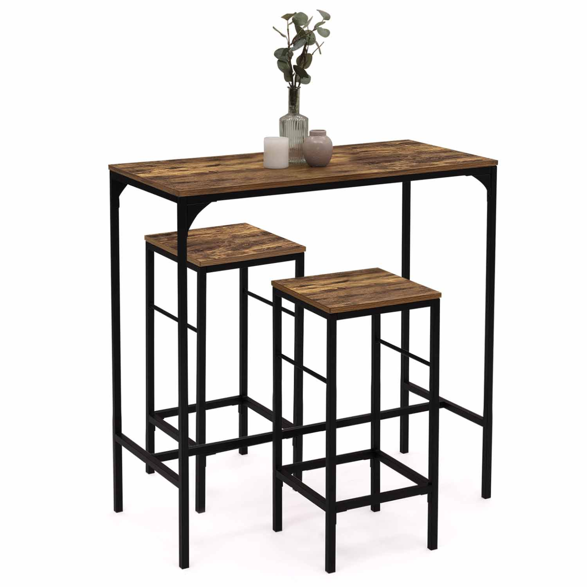 ID MARKET Ensemble table haute de bar dayton 95 cm et 2 tabourets effet vieilli design industriel