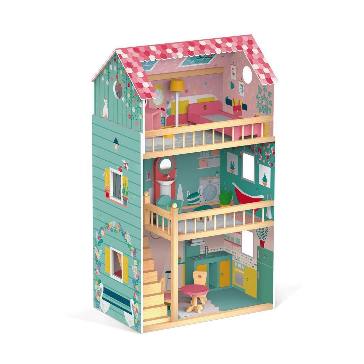 Juratoys-Janod Maison de Poupées Happy Day en Bois avec Mobilier Adorable pour Enfants