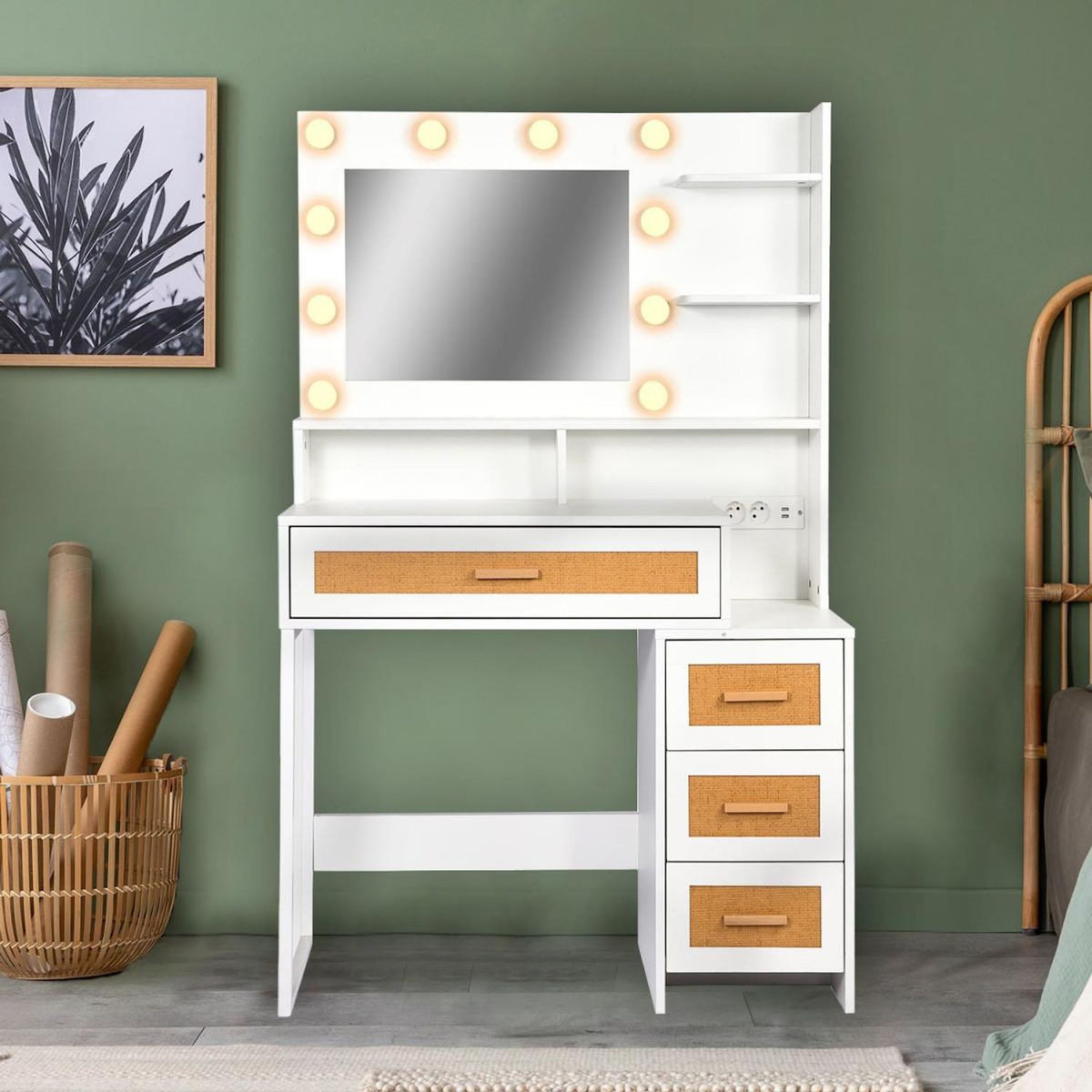 Paris Prix Coiffeuse 4 Tiroirs Avec Miroir LED  Rotina  143cm Blanc