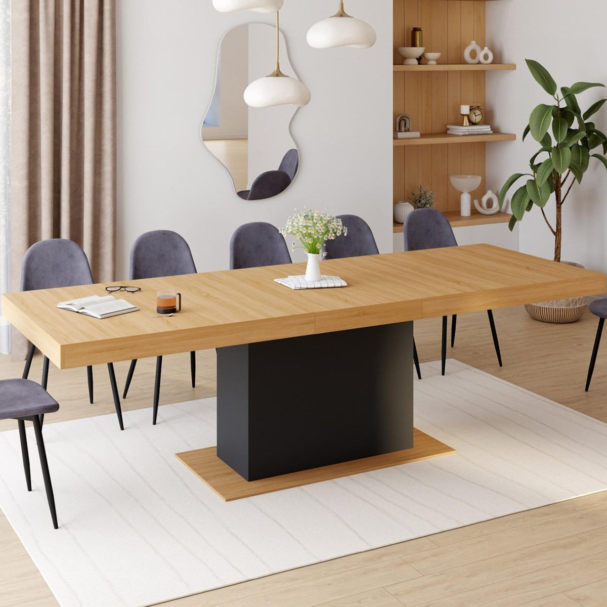 ID MARKET Table à manger extensible rectangle EDEN 8-12 personnes bois et noir 200-250 cm