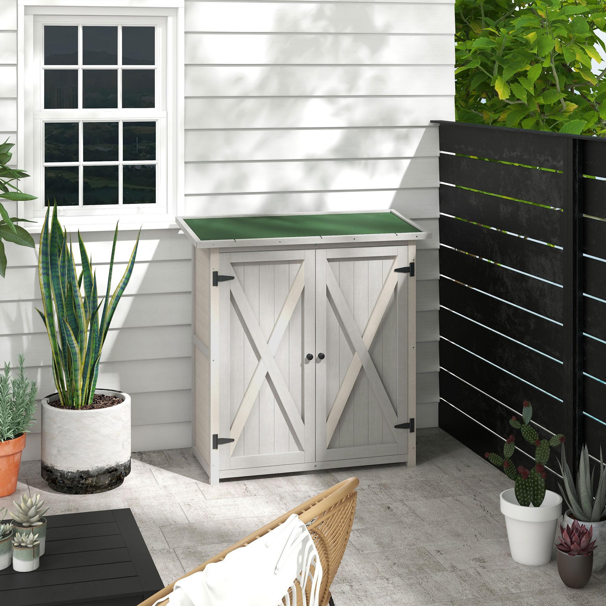 Voir la diapositive 4 : OUTSUNNY Abri de jardin armoire de jardin sur pied dim. 110L x 55l x 117H cm 2 étagères 2 portes toit bitumé bois sapin pré-huilé gris clair