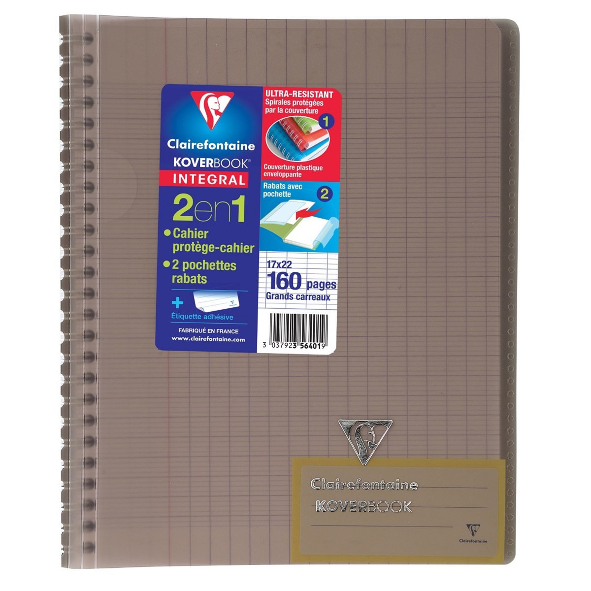 CLAIREFONTAINE  Cahier à spirale Koverbook 17x22cm 160 pages grands carreaux Seyes gris transparent