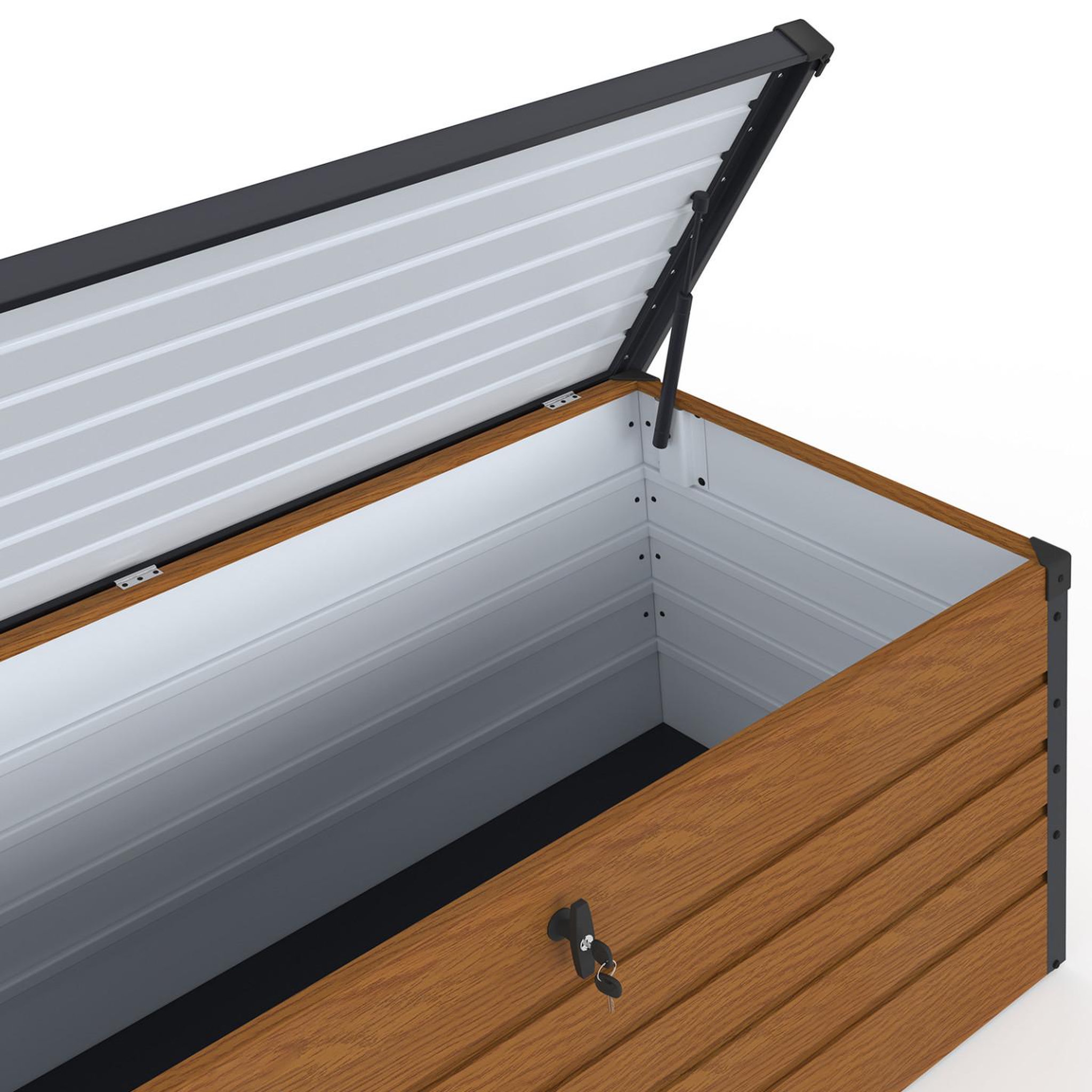 Voir la diapositive 6 : ID MARKET Coffre de rangement métal verrouillable effet bois et gris pour jardin 600l 165x70x63 cm
