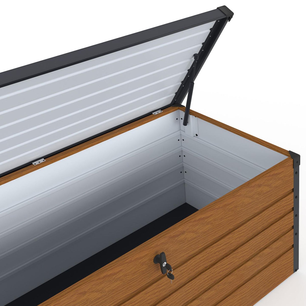 ID MARKET Coffre de rangement métal verrouillable effet bois et gris pour jardin 600L 165x70x63 cm