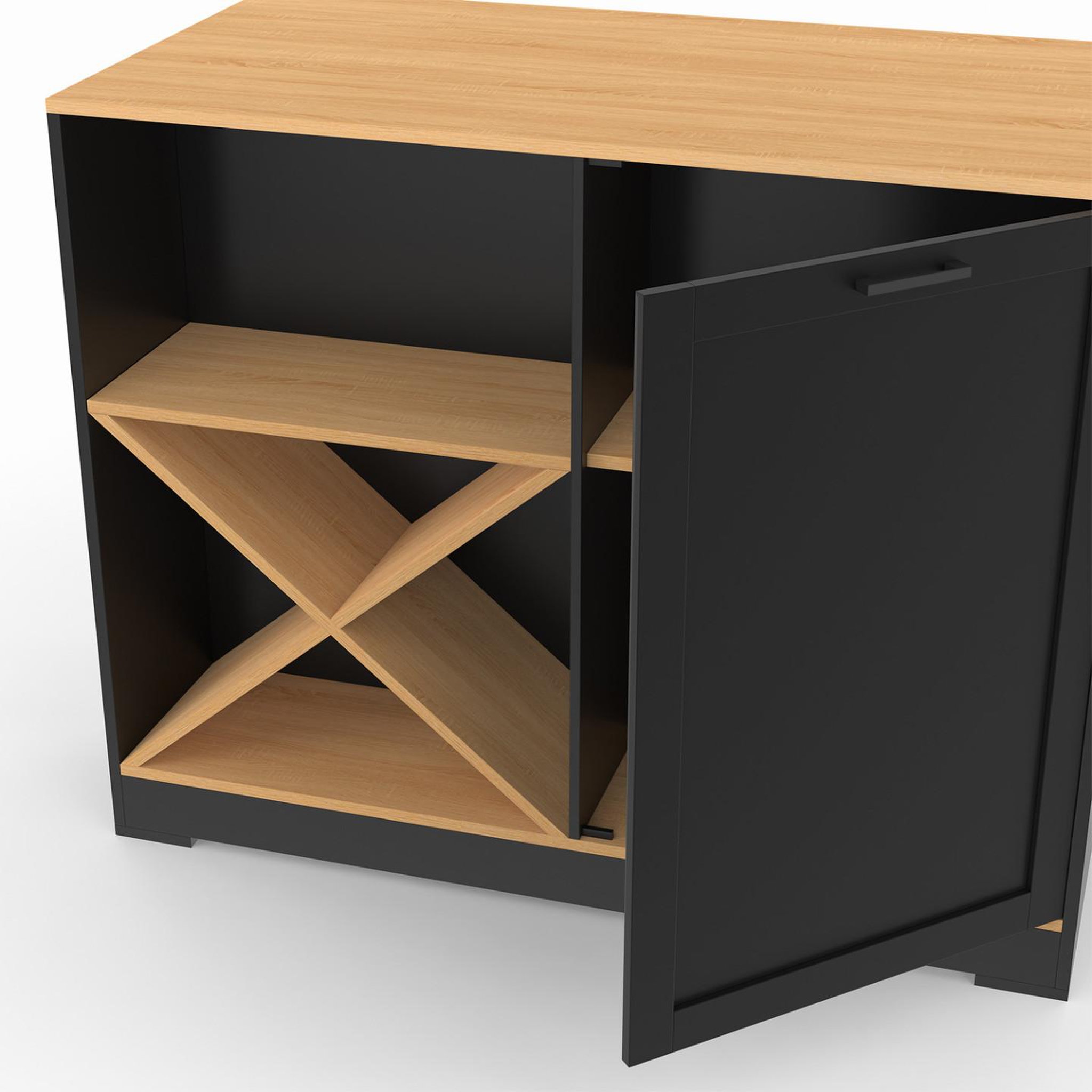 Voir la diapositive 6 : ID MARKET Table de bar îlot vito 113 cm avec range bouteilles bois noir et plateau façon hêtre