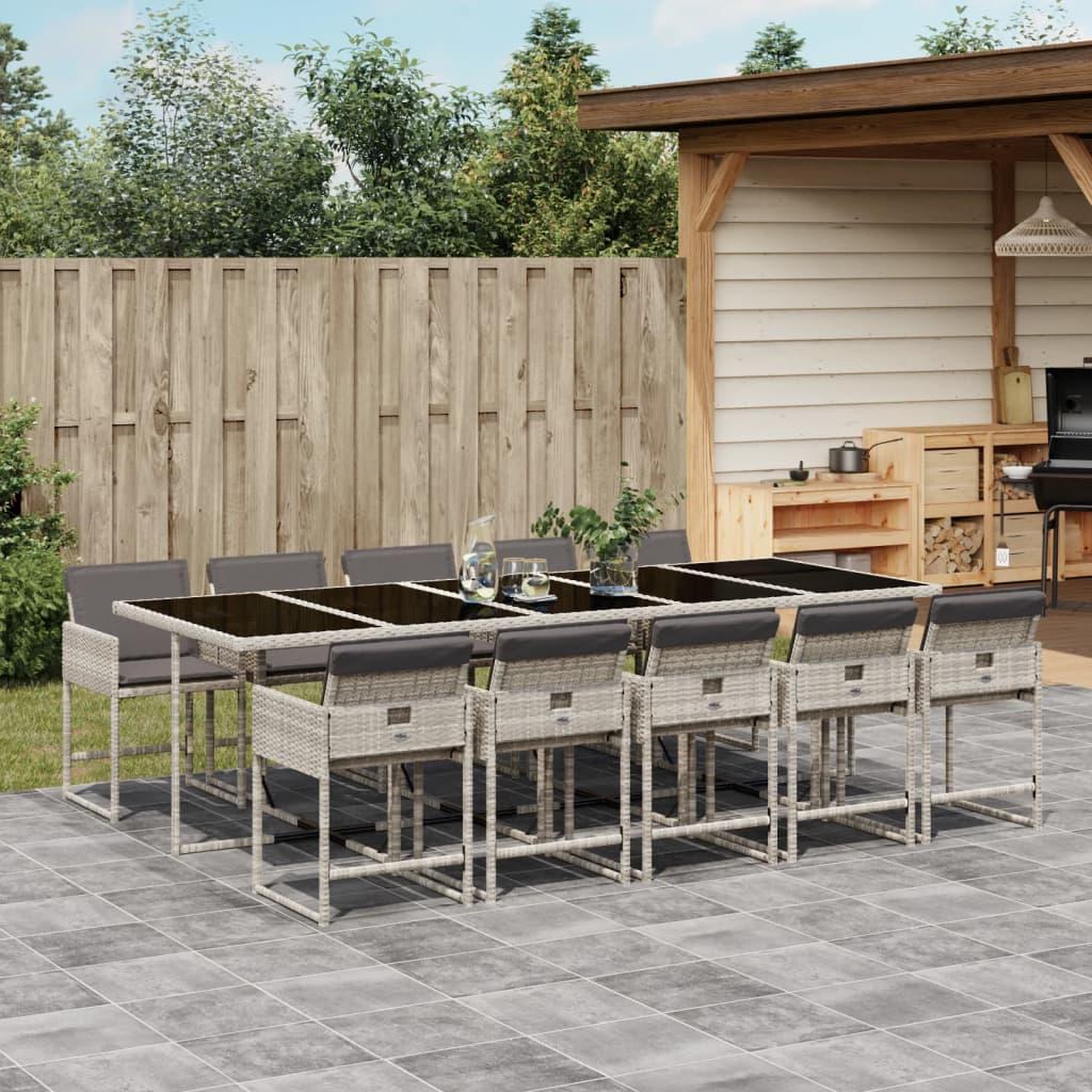 VIDAXL Ensemble a manger de jardin 11pcs avec coussins gris poly rotin