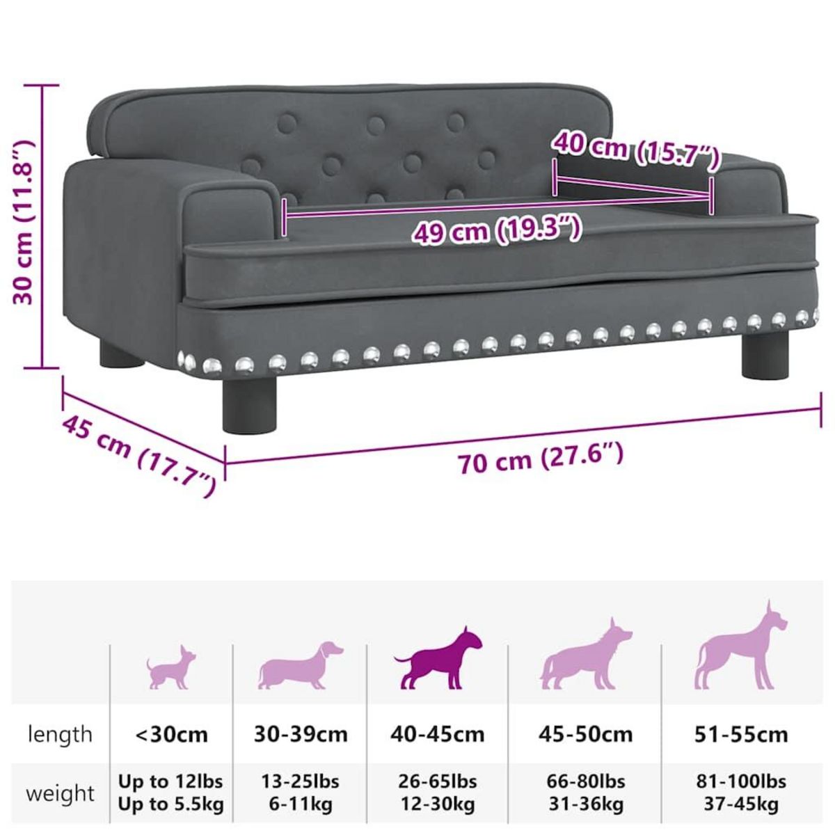 VIDAXL Lit pour chien gris fonce 70x45x30 cm velours