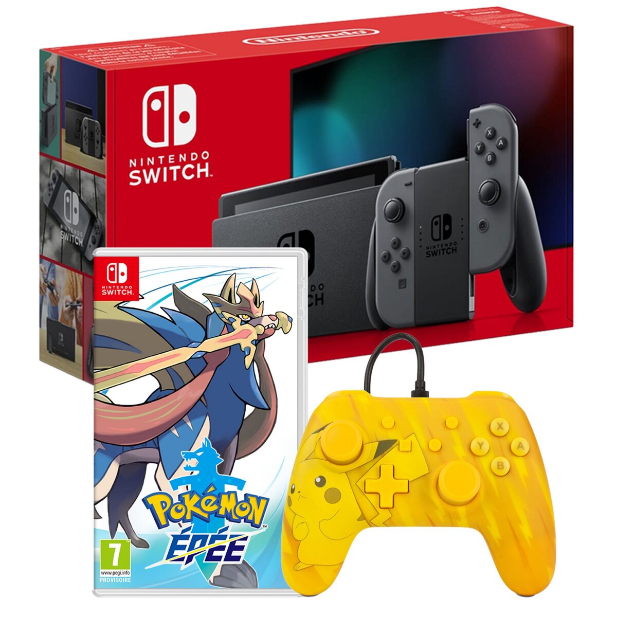 NINTENDO Console Nintendo Switch Joy-Con Gris + Pokémon Épée + Manette Filaire Pikachu Nintendo Switch