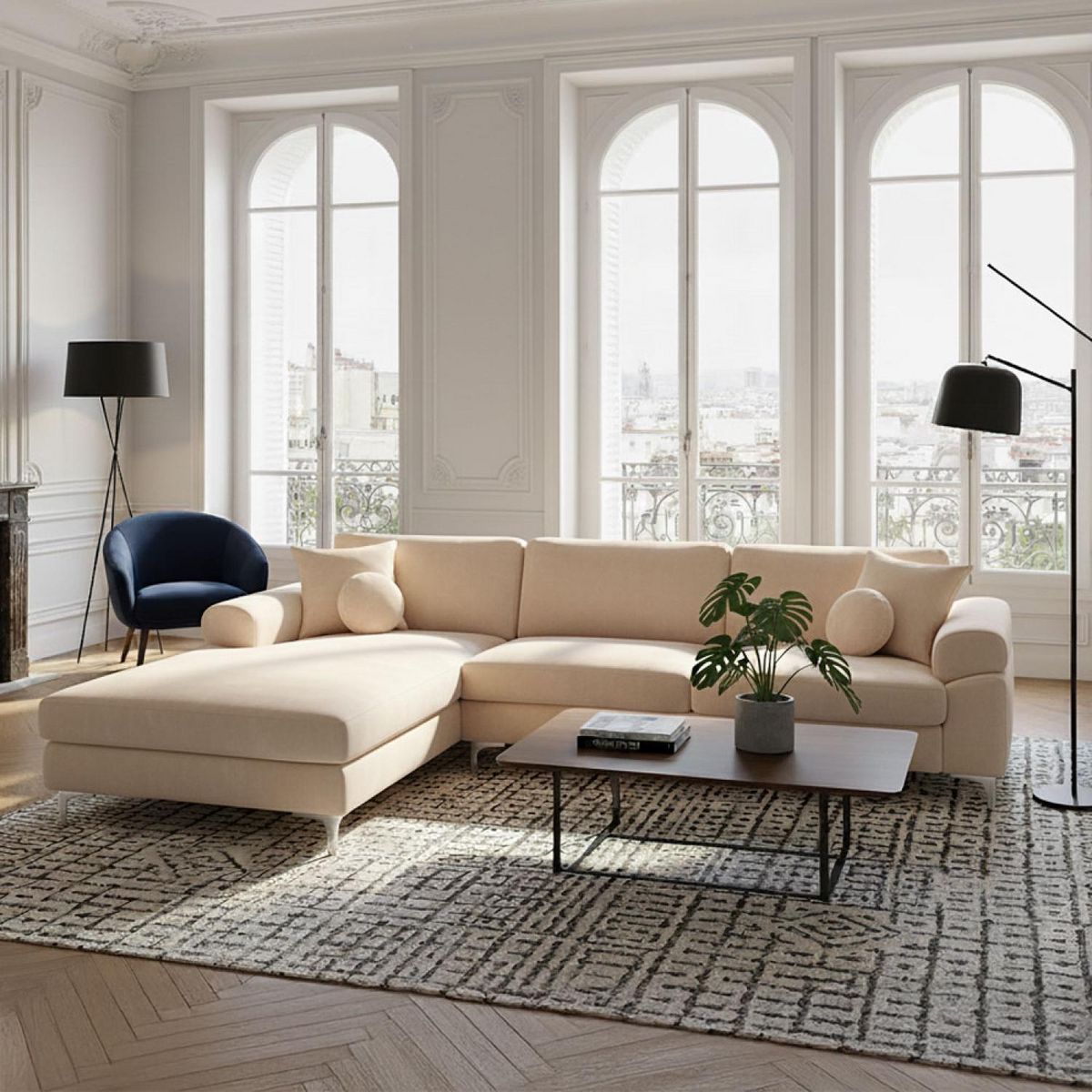 CONCEPT USINE Canapé d'angle gauche 4-5 places en velours beige GALWAY