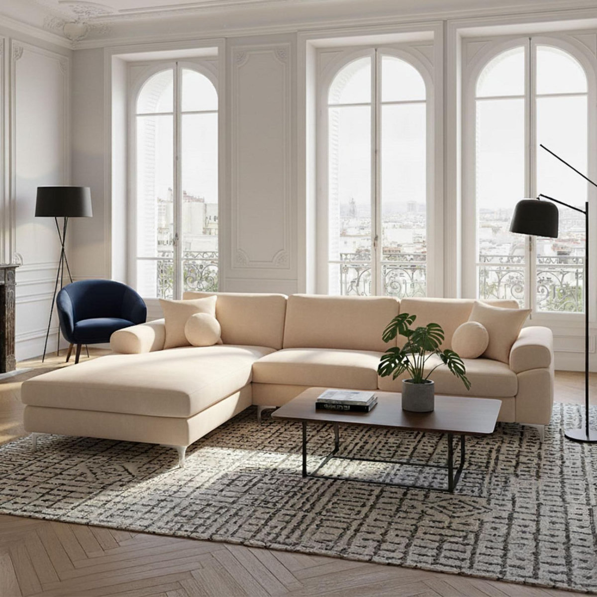 CONCEPT USINE Canapé d'angle gauche 4-5 places en velours beige GALWAY