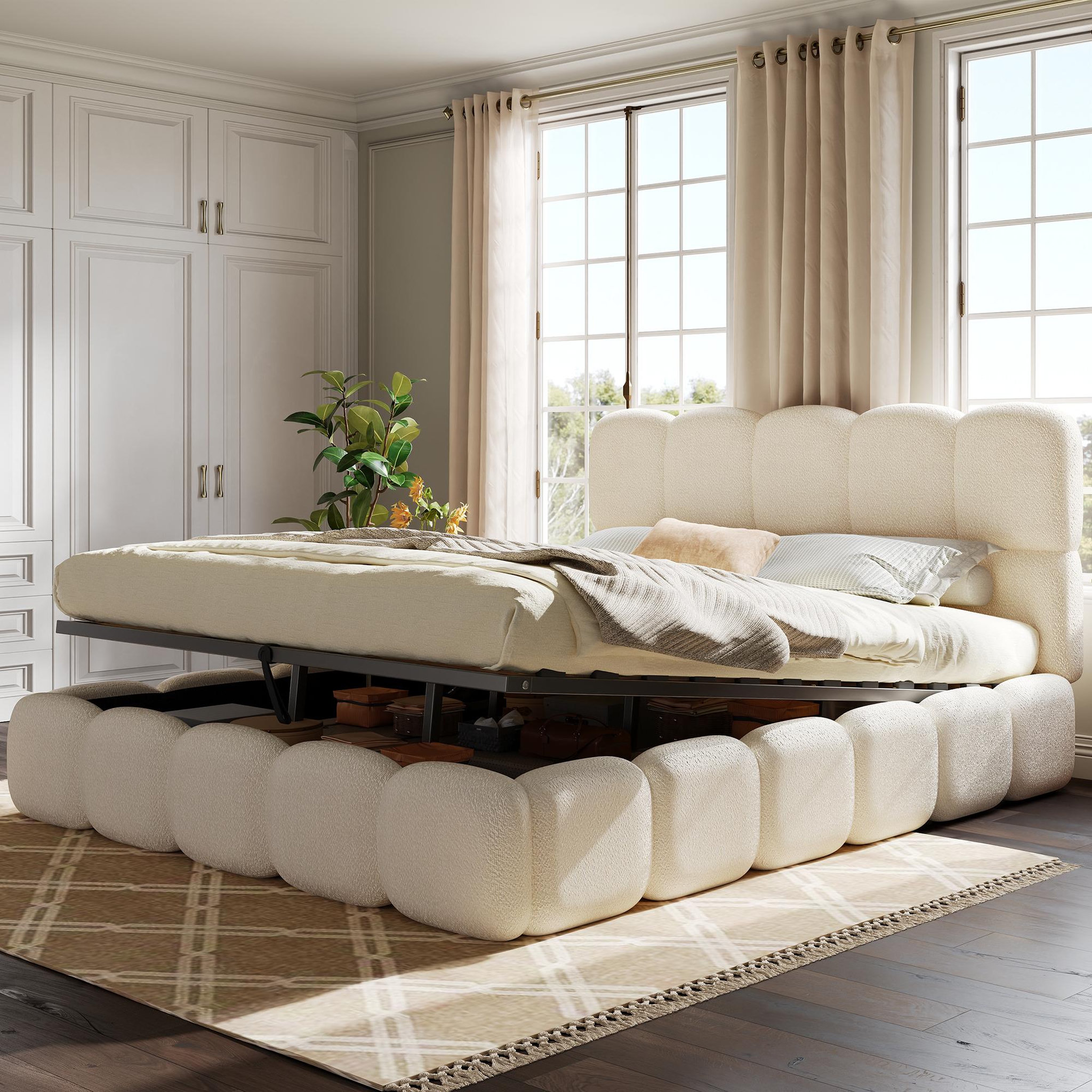 Voir la diapositive 2 : MERAX Lit coffre adulte avec rangement hydraulique, tête de lit rembourrée tissu bouclé blanc
