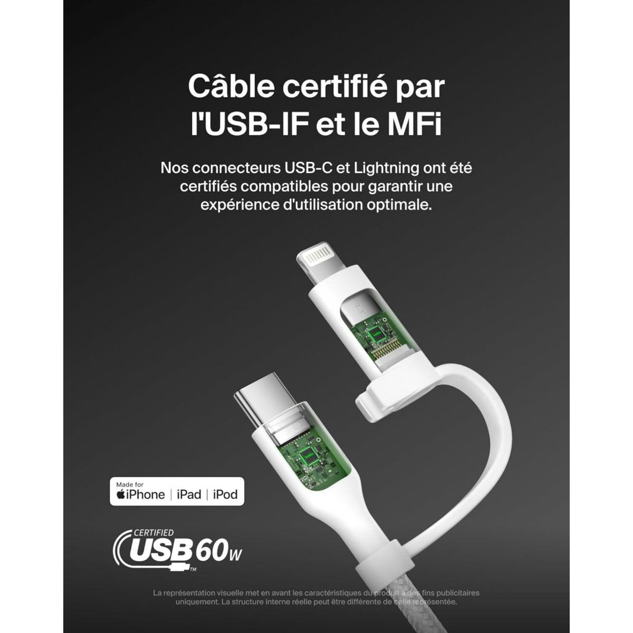 Voir la diapositive 4 : Belkin Adaptateur usb 2-en-1 usb-c et lightning 1m50 blanc