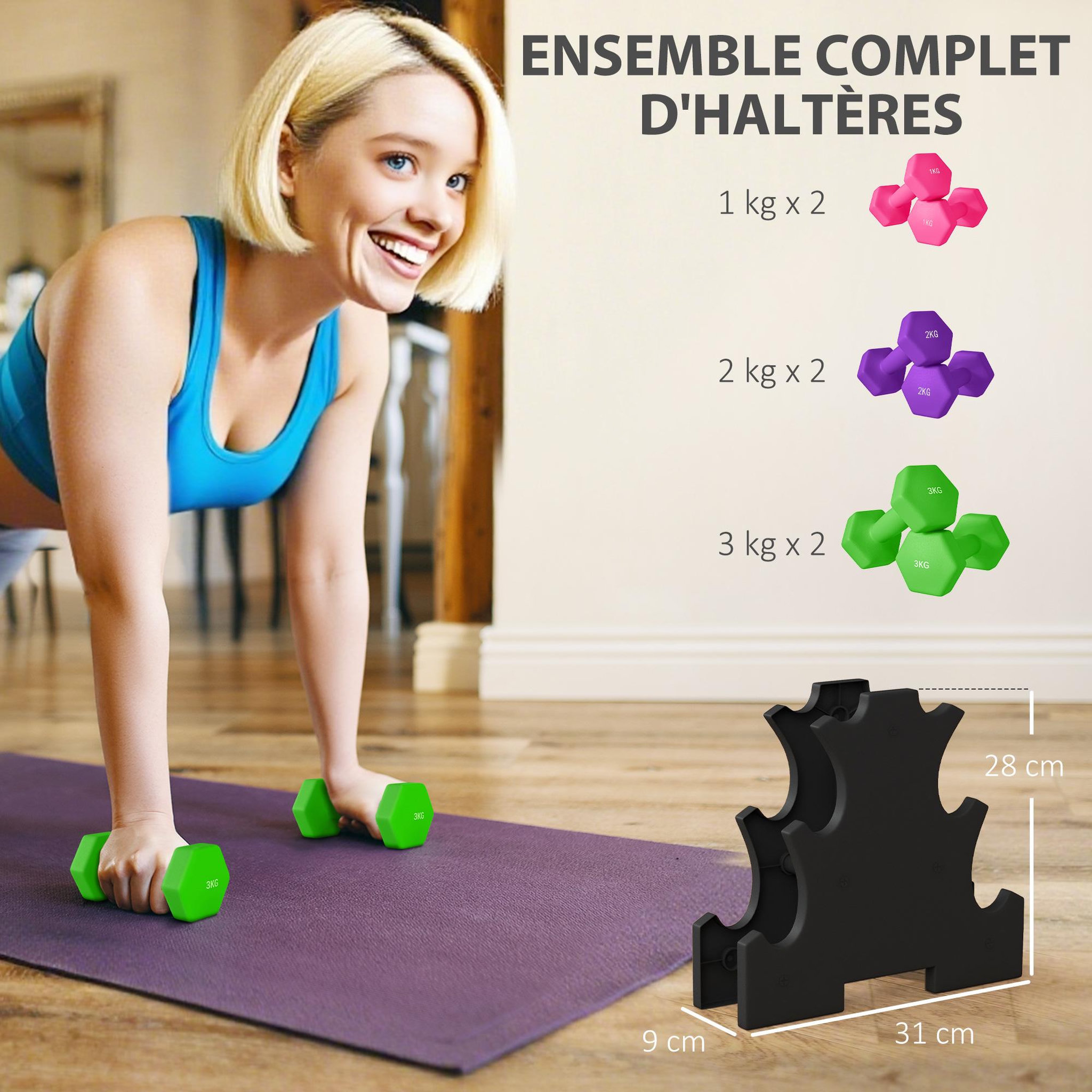 Voir la diapositive 3 : HOMCOM Support noir pour 6 haltères vinyles - 6 haltères incluses total 12 kg - rose mauve vert