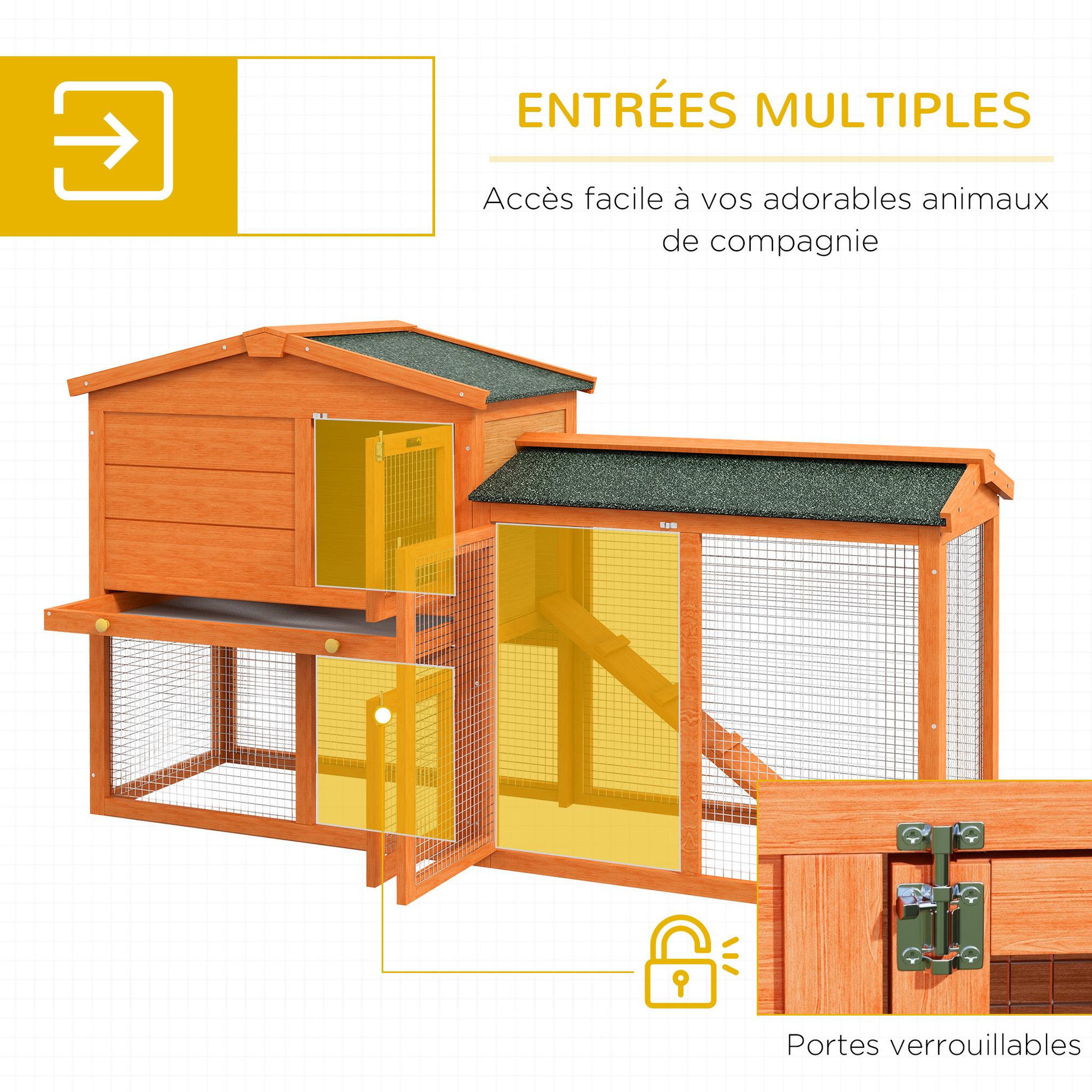 Voir la diapositive 5 : PAWHUT Clapier cage à lapins rongeurs 2 niveaux 3 portes verrouillables tiroir à déjection 145l x 45l x 85h cm bois sapin lasuré