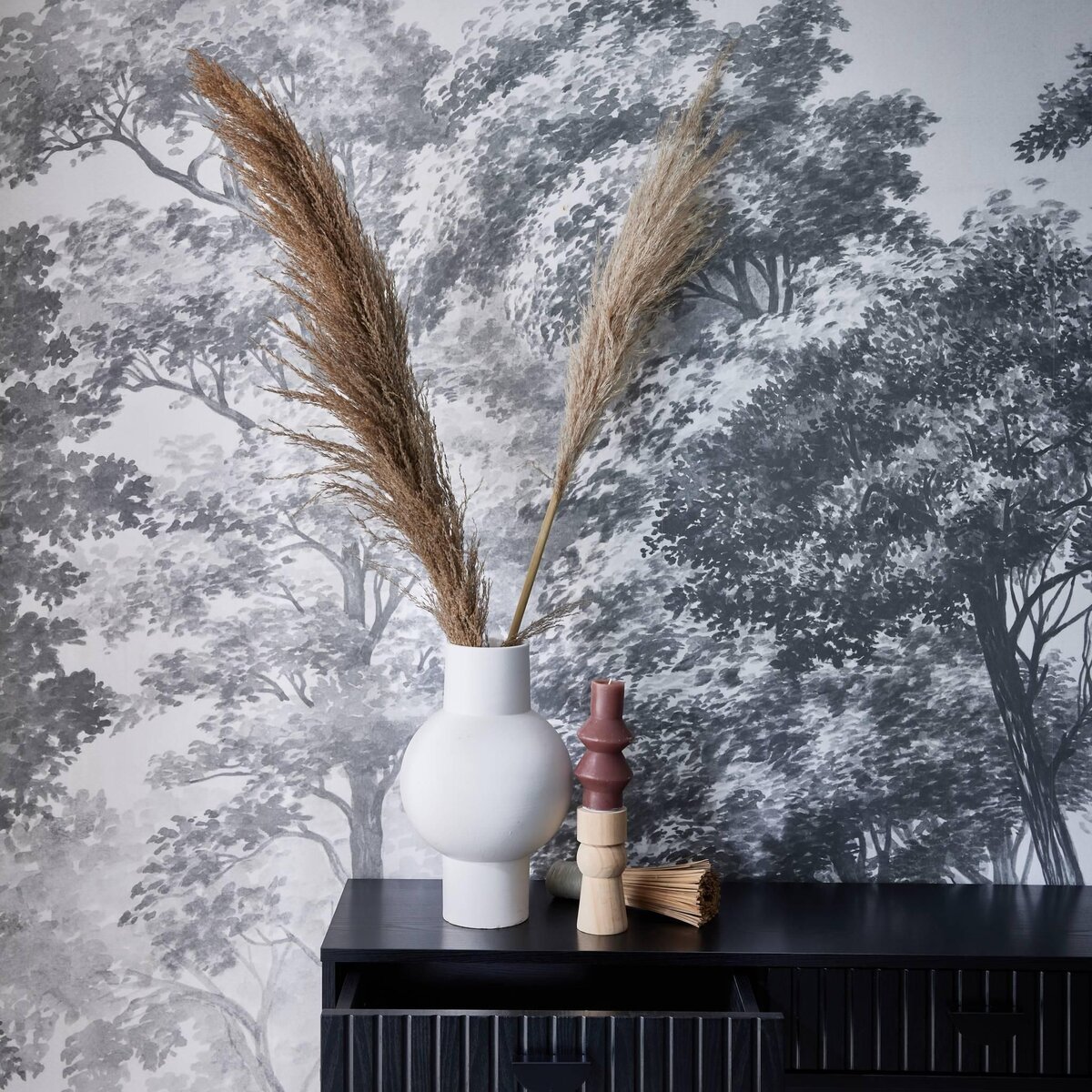 SWEEEK Console 2 tiroirs effet bois rainuré noir. pieds métal noir