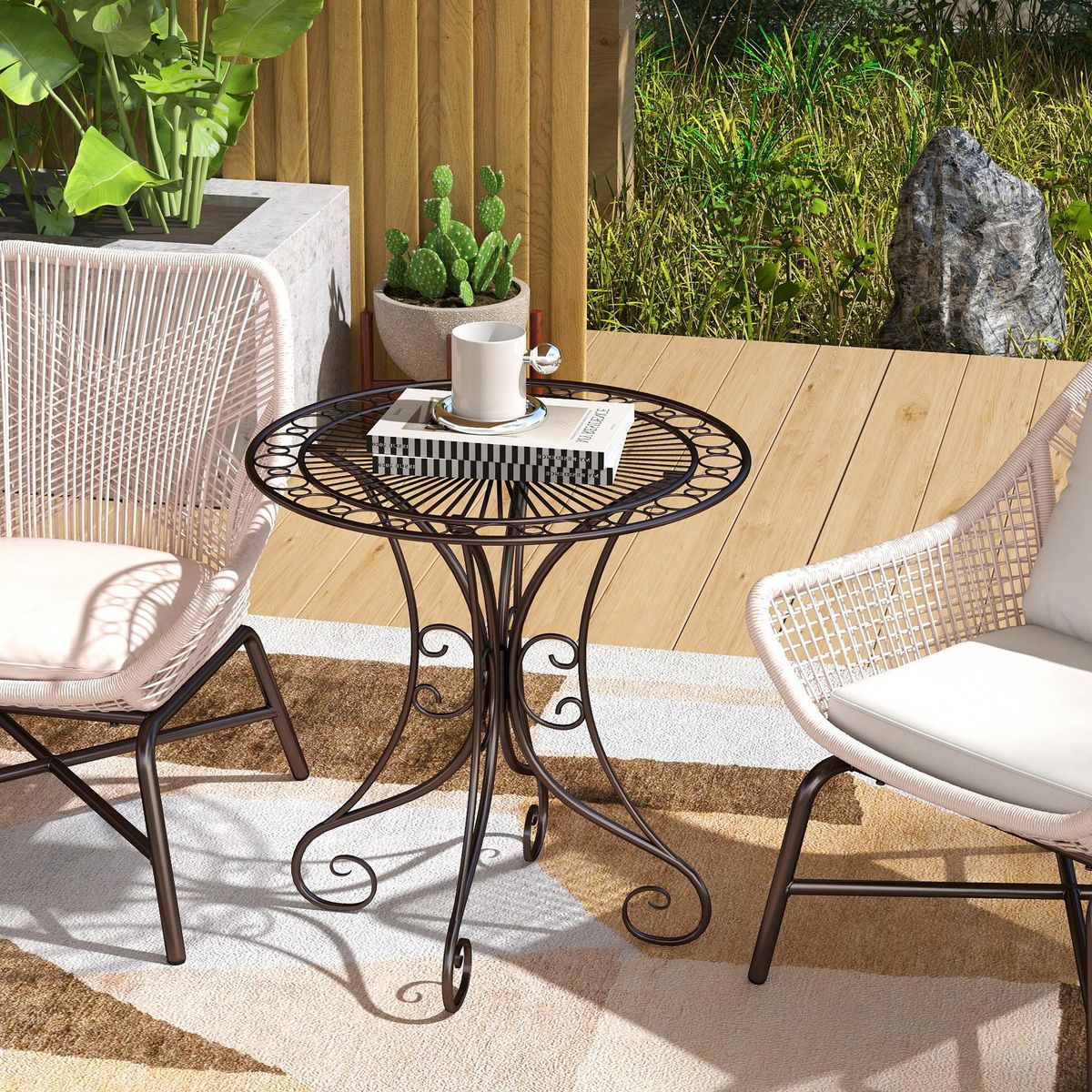 OUTSUNNY Table de jardin ronde 2 places style fer forgé dia. 85 cm métal brun