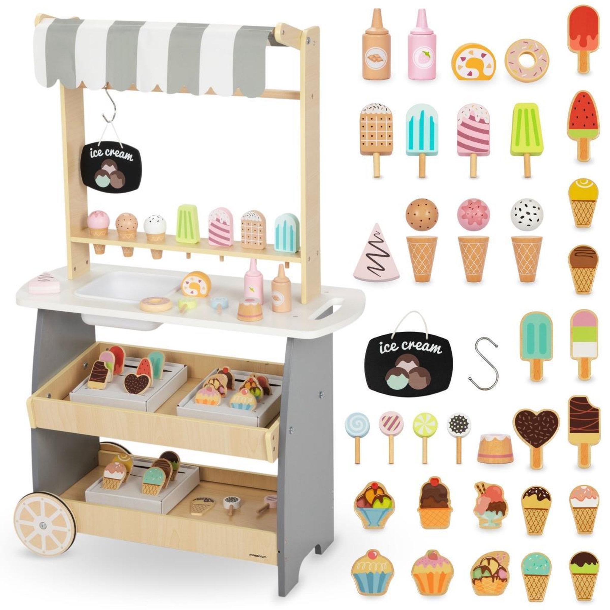 MAMABRUM Marchande Enfant +3 ans - Mamabrum - Chariot à glaces en Bois - Accessoires inclus