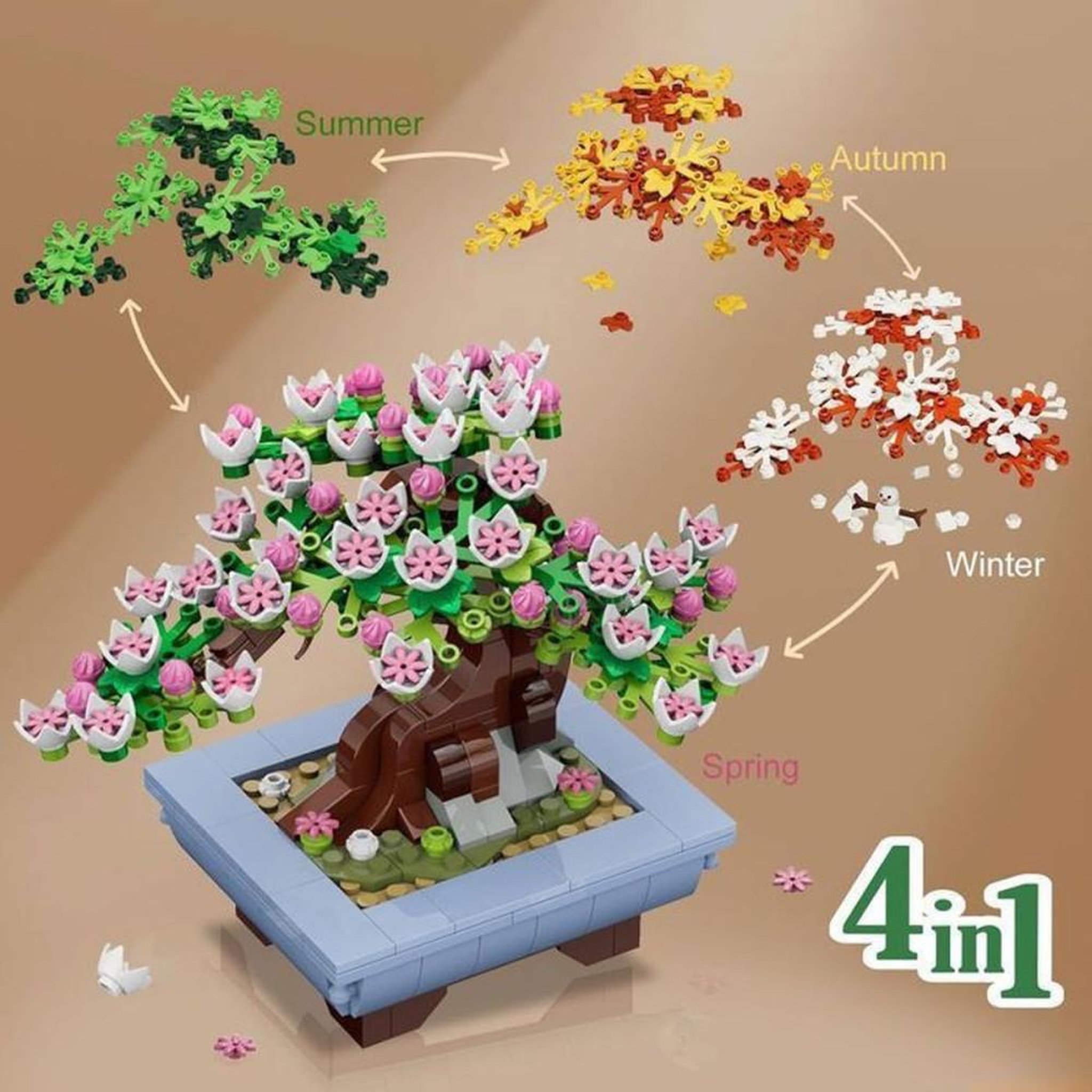 Voir la diapositive 3 : Kit de construction bonsaï 4 en 1 584 pièces – décor intérieur saisons (printemps, automne, hiver)
