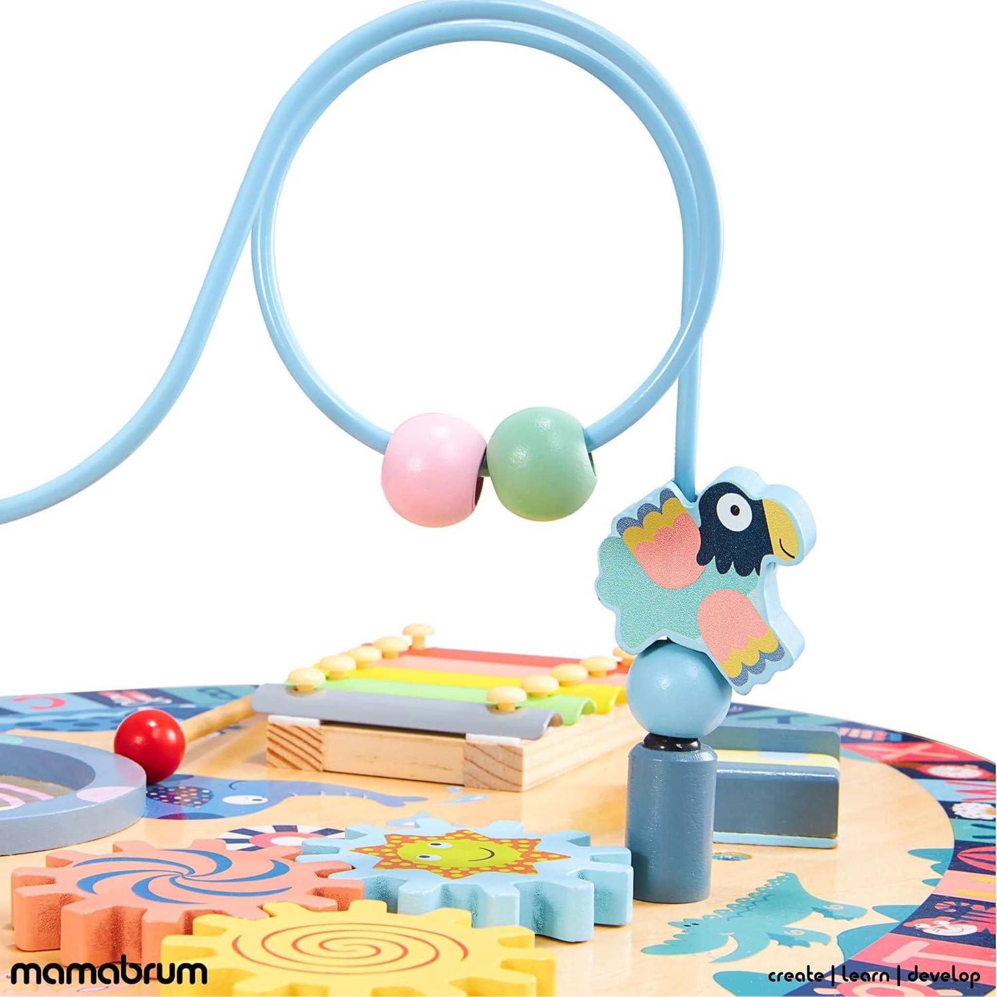 Voir la diapositive 5 : MAMABRUM Table D'activités Enfant +6 mois en Bois, Eveil Music: cymbales, tambour, labyrinthe