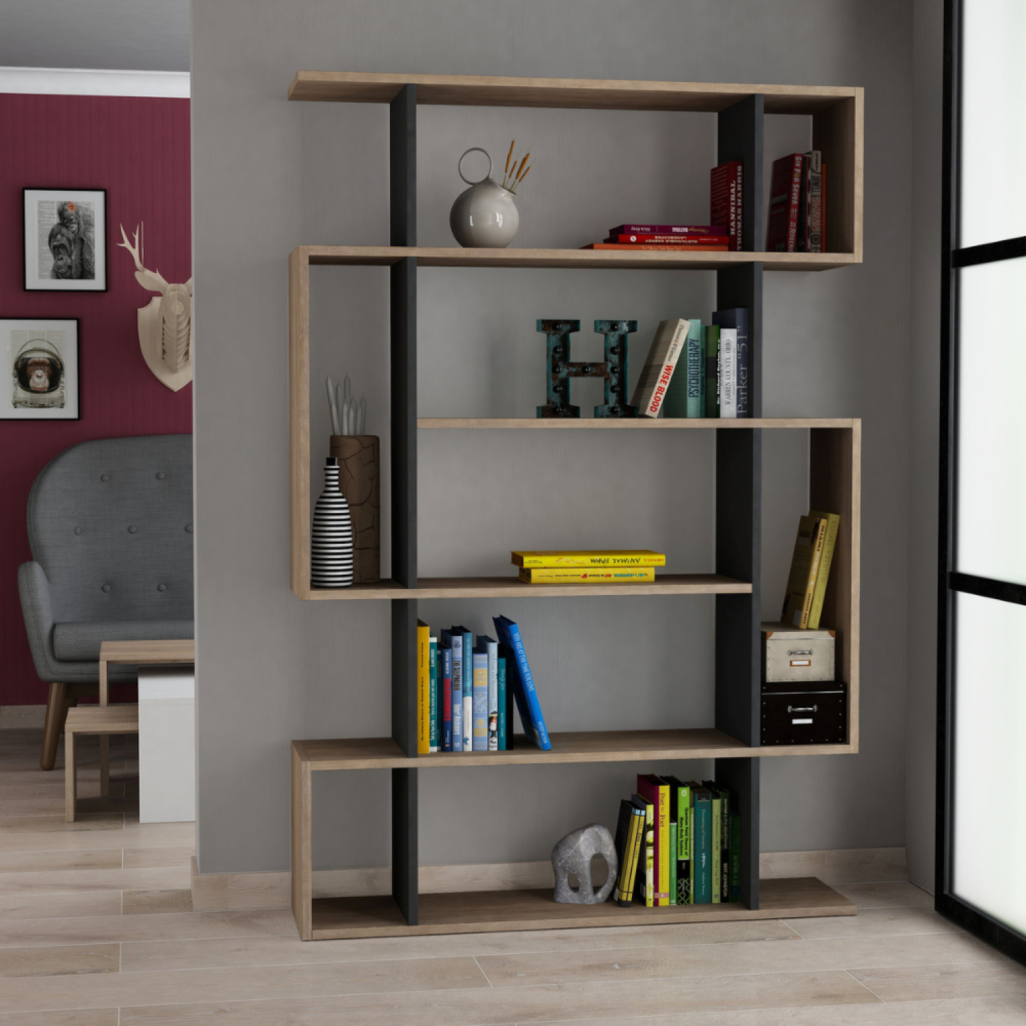 Voir la diapositive 2 : CONCEPT USINE Meuble à étagères bois et anthracite kirja