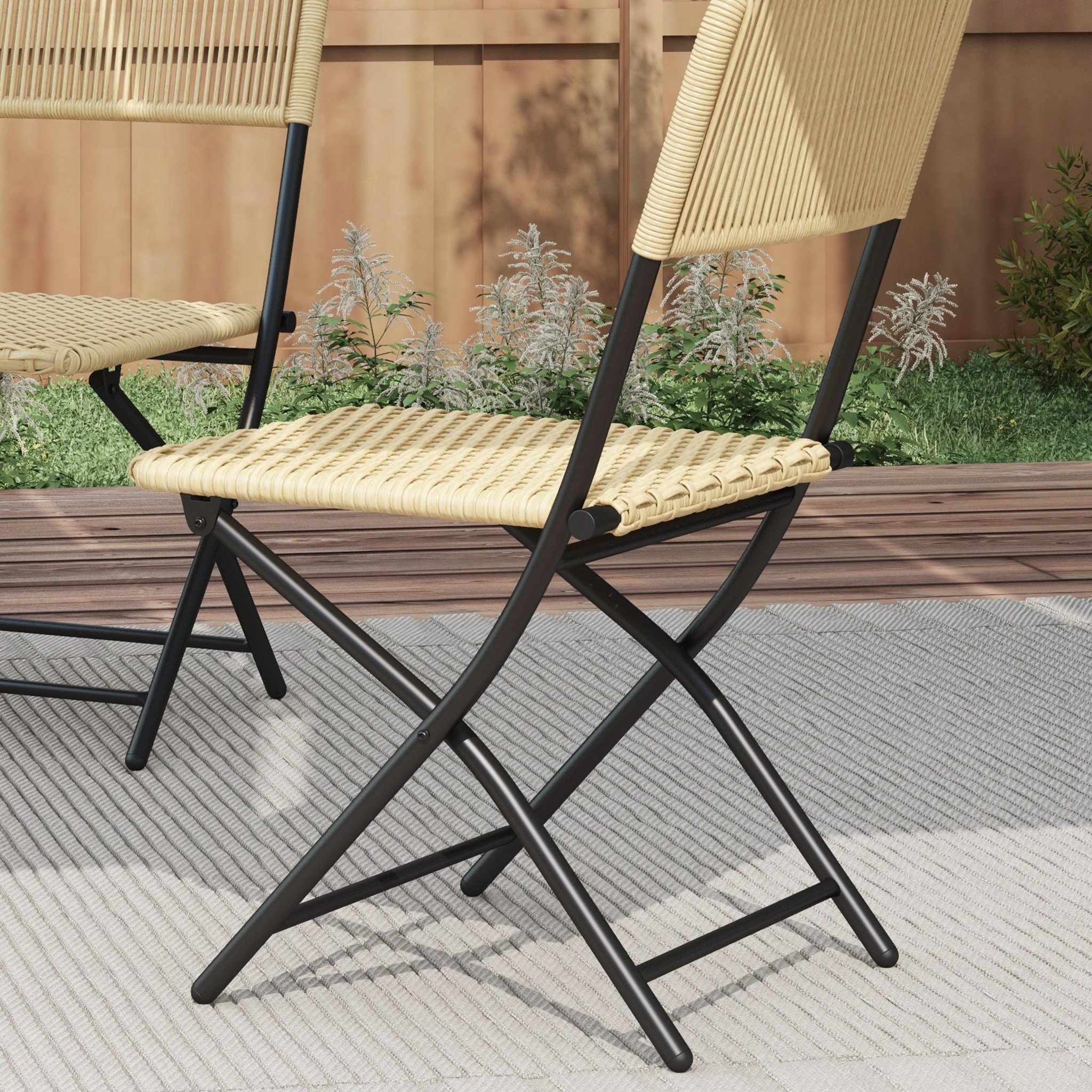 Voir la diapositive 4 : OUTSUNNY Ensemble bistro de jardin 3 pièces pliantes style cosy 2 chaises + table acier époxy noir résine tressée beige