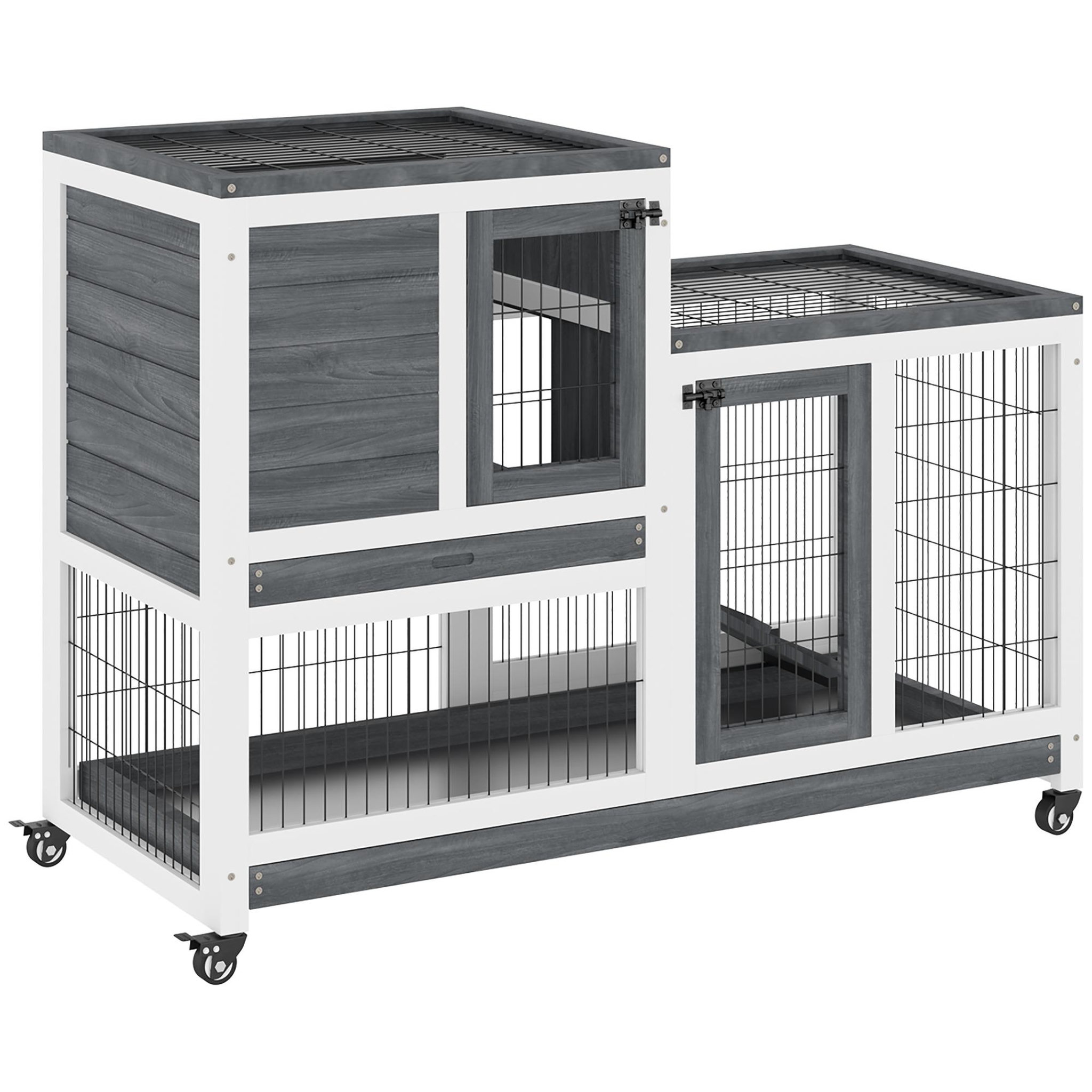 Voir la diapositive 2 : PAWHUT Clapier à lapin sur roulettes cage à lapin 2 étages 2 portes verrouillables 2 plateaux coulissants rampe bois de sapin gris blanc